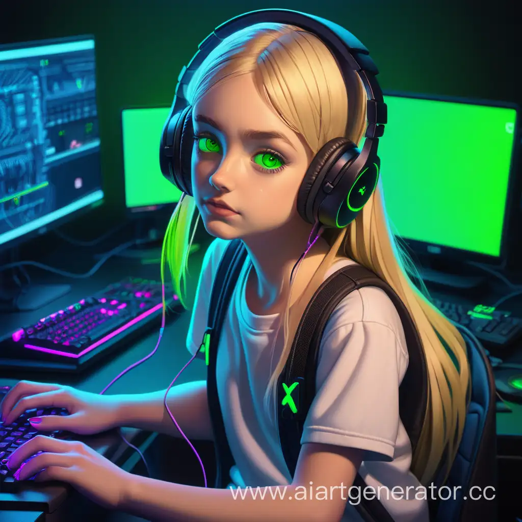 девочка, которая играет в компьютер, блондинка  и зелеными глазами, в наушниках, в темной неоновой комнате, ругается