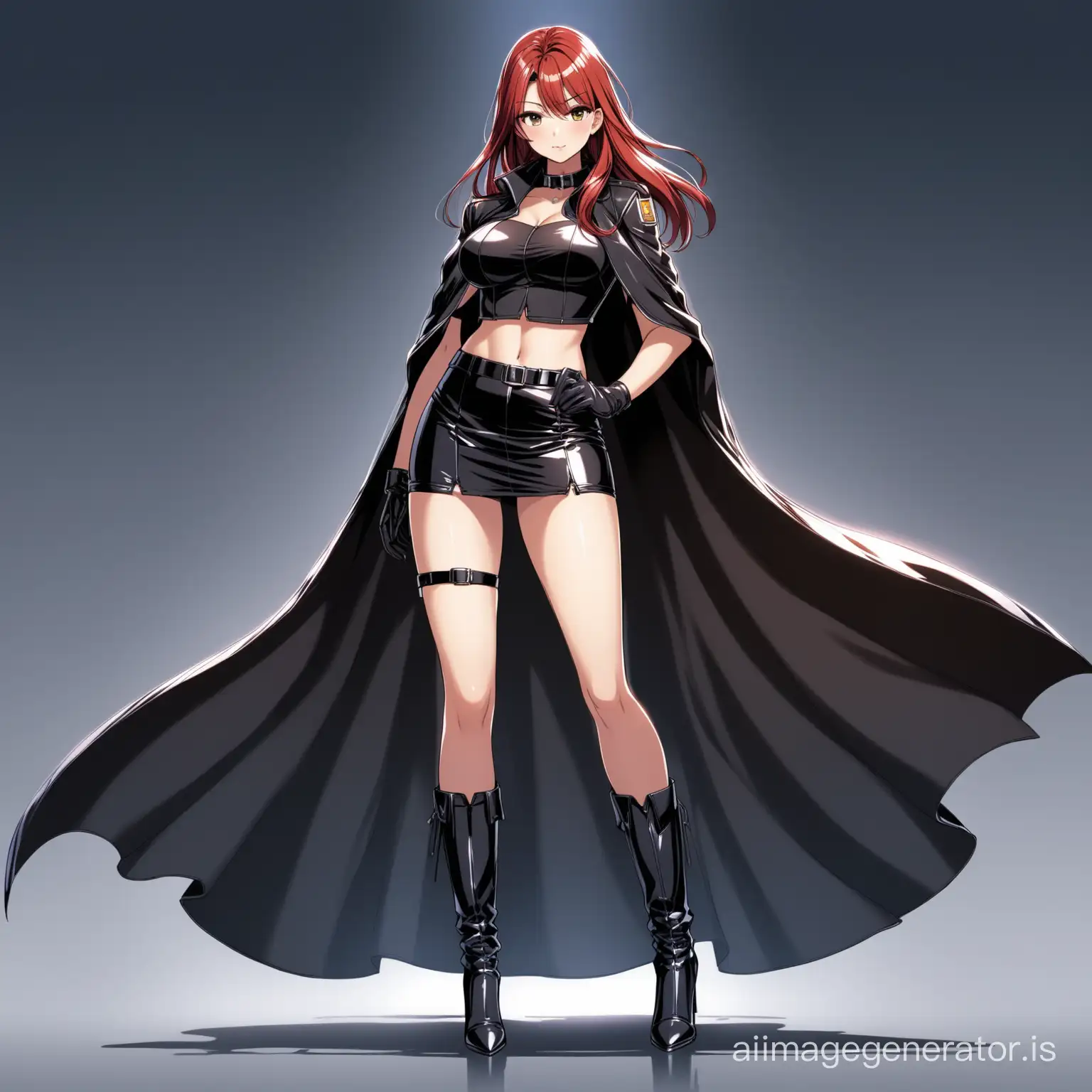 hot anime girl in a beautiful secret agent outfit wearing a croptop, skirt, long leather gloves, long leather boots heels and a long cape with collar