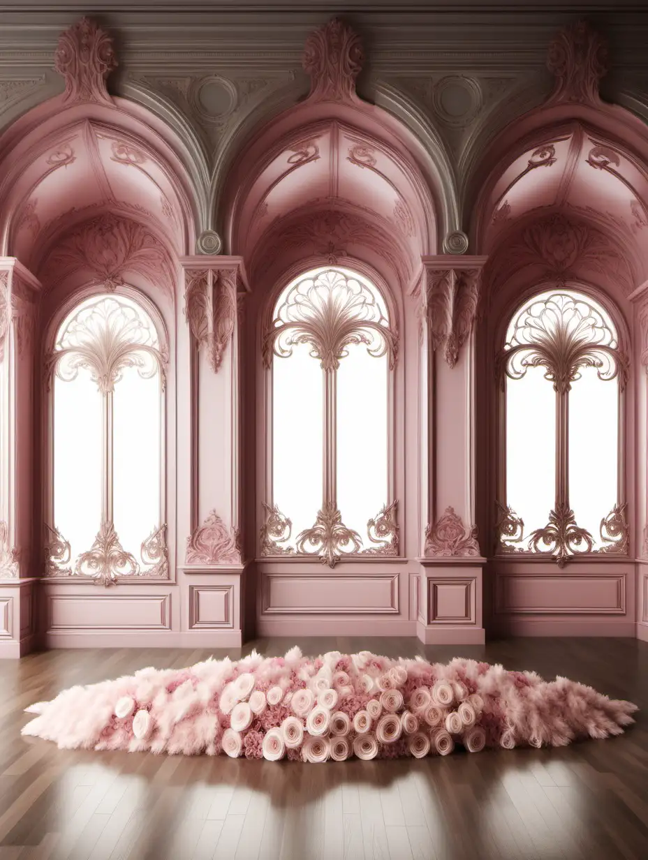 /imagine prompt: Digital background featuring ornate wall paneling and arched windows with floral wall hangings and pampas | FLOORING: parquet I TAGS: opulent decorations | COLOR PALETTE: dark white and pink | LIGHTING: bright natural light | photorealistic,