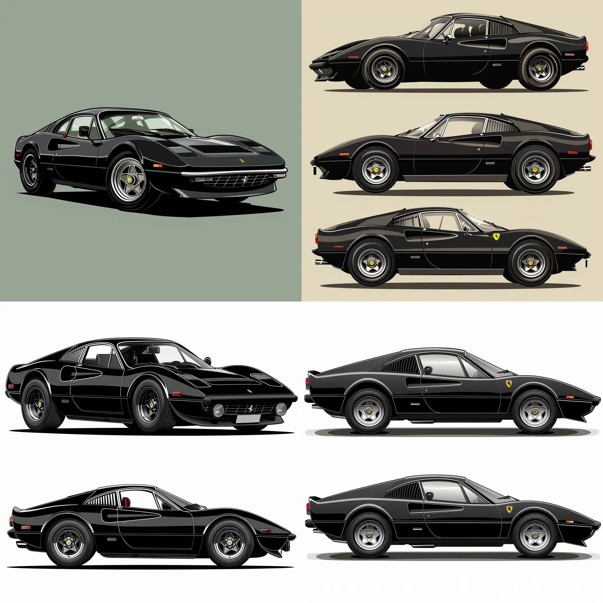 classic black sportive car from 1970 similar to ferrari, illustration --style raw