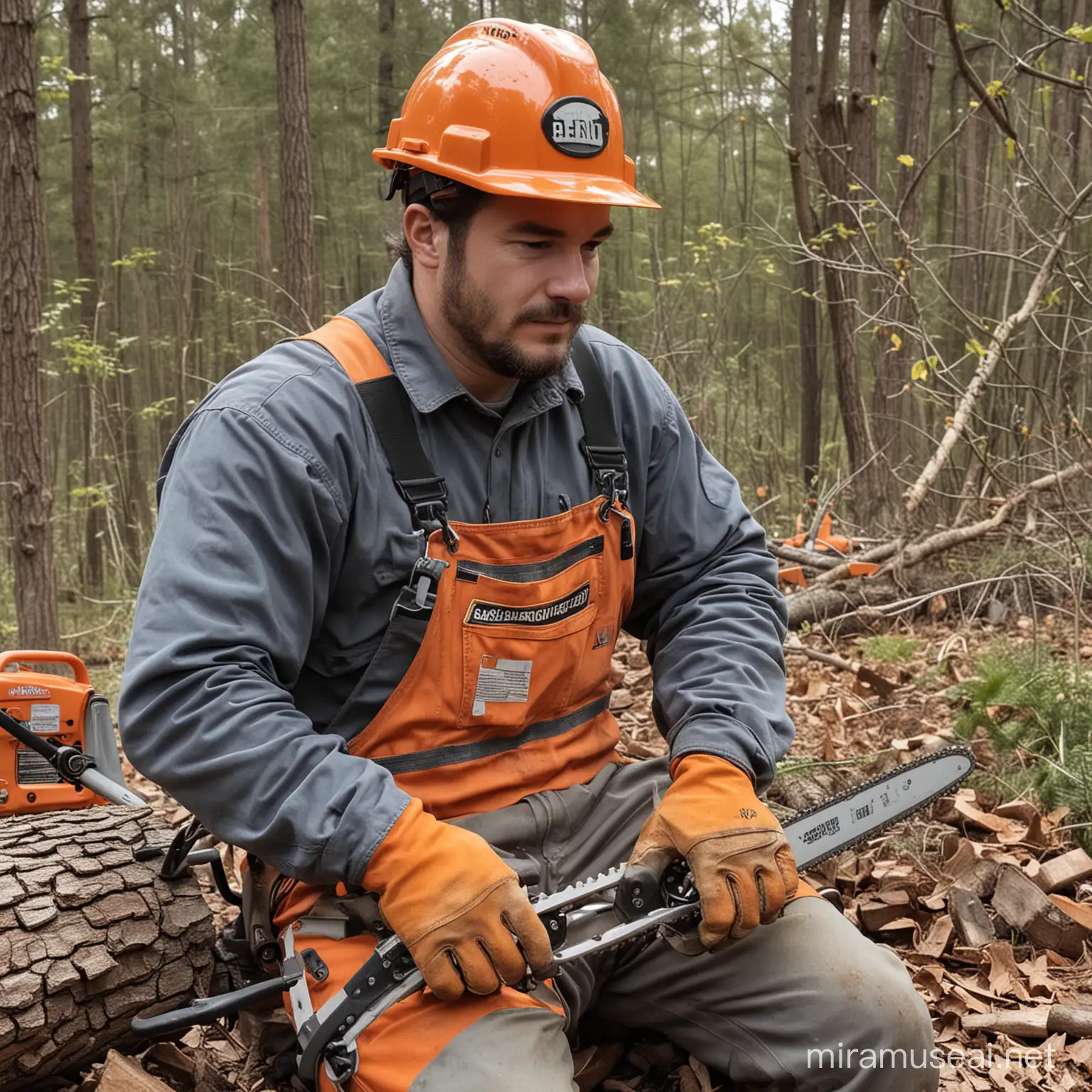 Generate the photo of a chainsaw operator sitting with a bent and twisted back, two hands below shoulder level holding the machine.