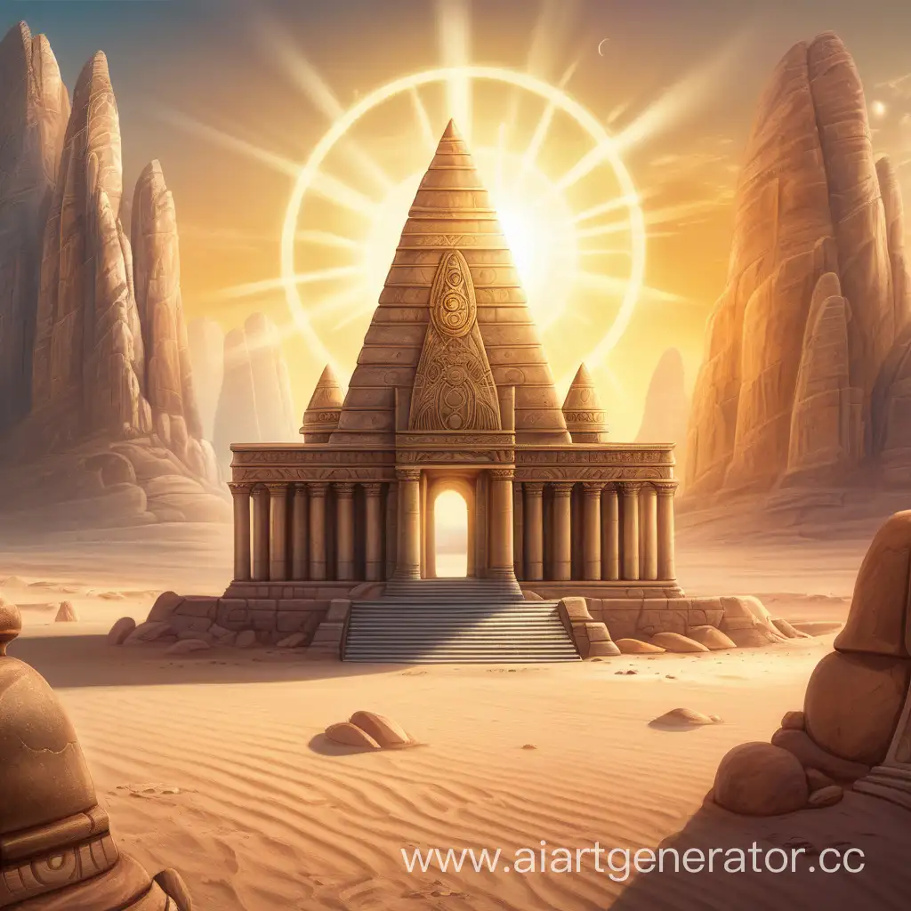 Fantasy-Ancient-Temple-in-Desert-with-Dual-Suns-Setting