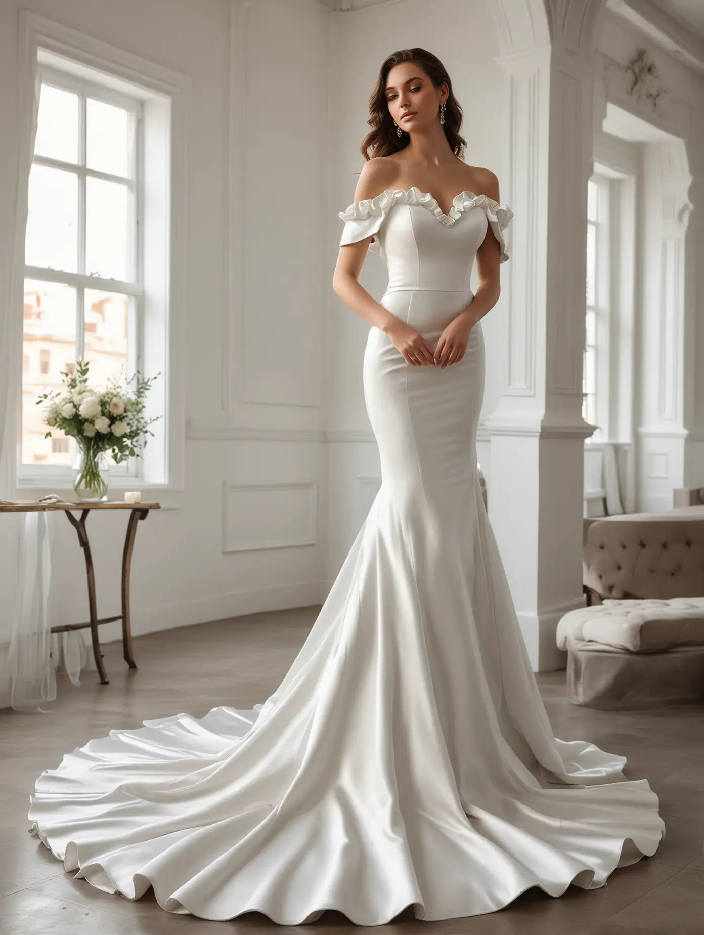 Elegant off-the-shoulder mermaid white satin wedding dress with ruffles on the shoulders and train. The simple design has no wrinkles in the fabric. It is featured in high resolution photography with high definition details, like a fashion magazine style photo shoot. A beautiful model is shown in a full body shot with natural lighting in an indoor setting with an elegant room background