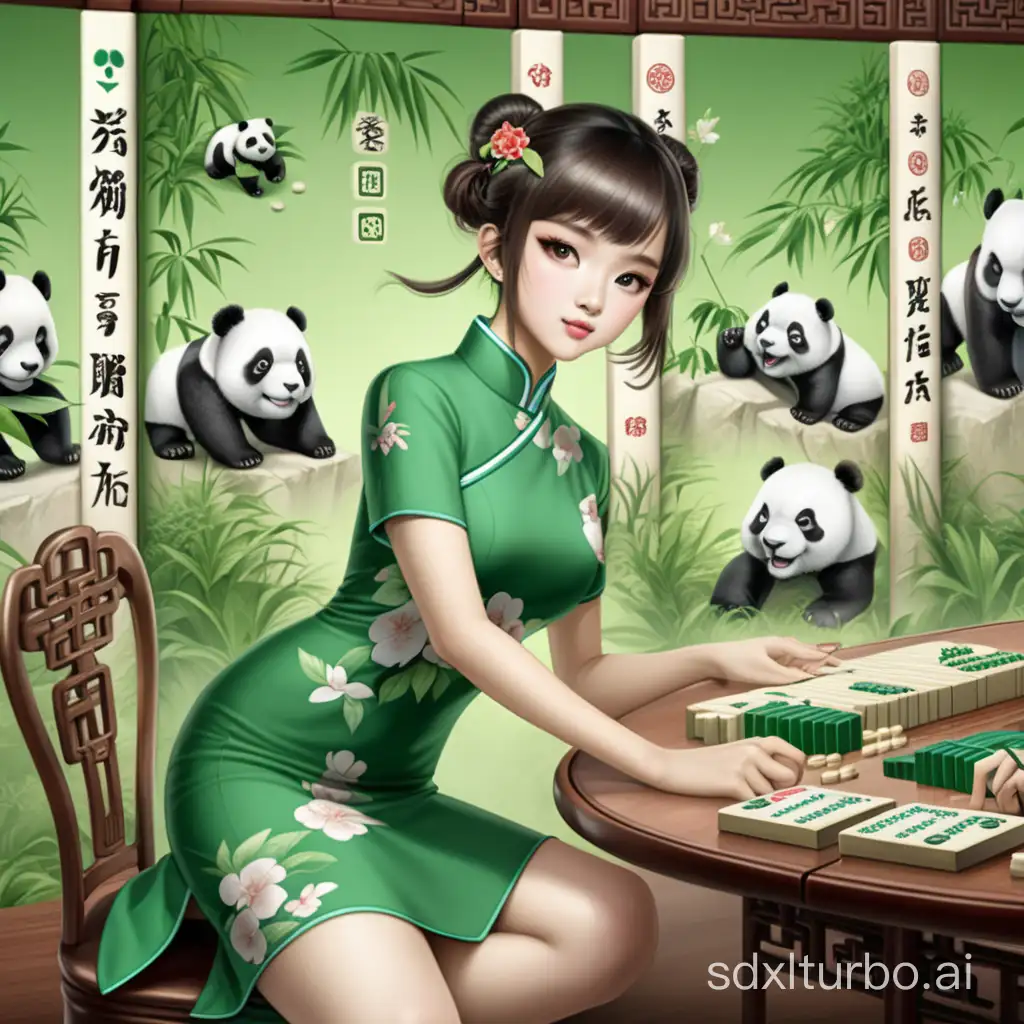 The screen is dominated by green tones, cheongsam girls, pandas, mahjong.