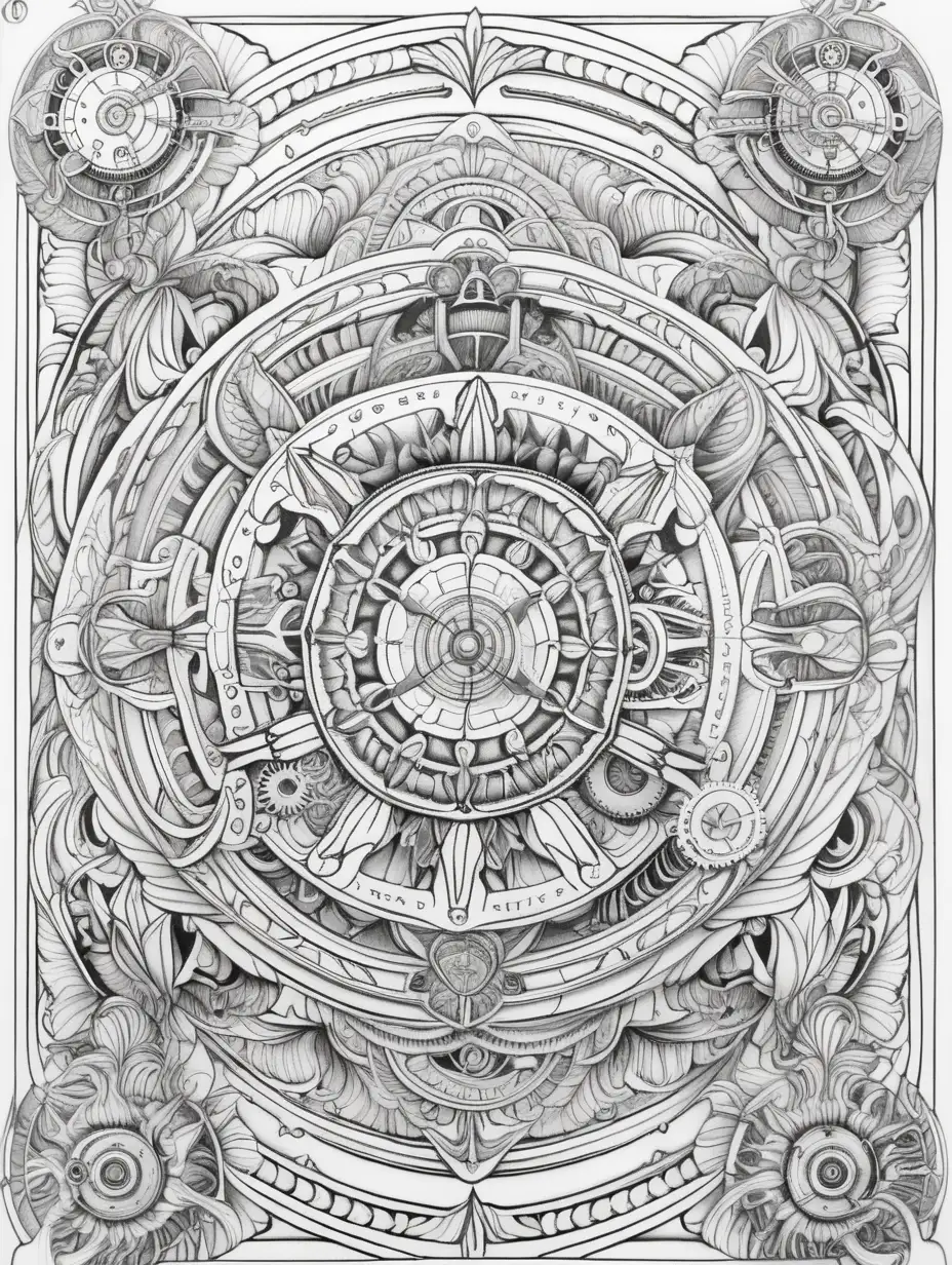 Majestic Adult Coloring Book Page Quantum Entanglement in Steampunk Nature