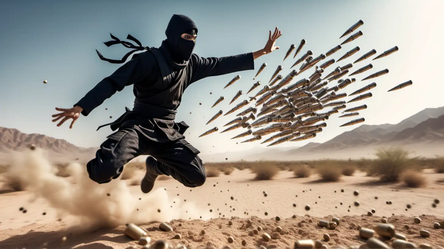 powerful action shot of a ninja jumping in front of a large number of flying bullets, dynamic movement, bullets and ninja in motion, desert background, intense and determination emotion, cinematic lighting, photorealistic, day light palette --style raw --ar 9:16 --v 6.0

