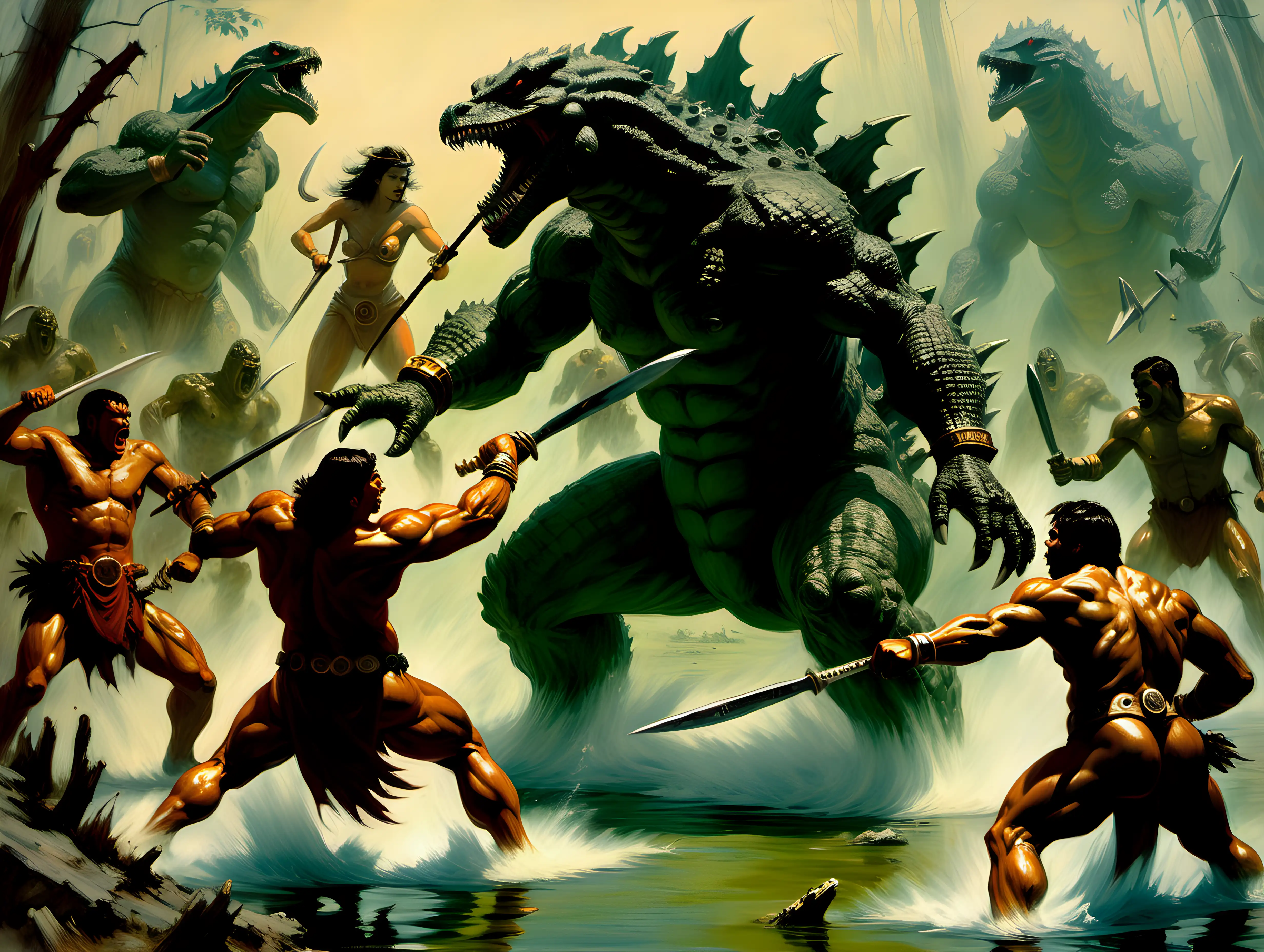 Gladiators fighting Godzilla in ancient swamp Frank Frazetta style
