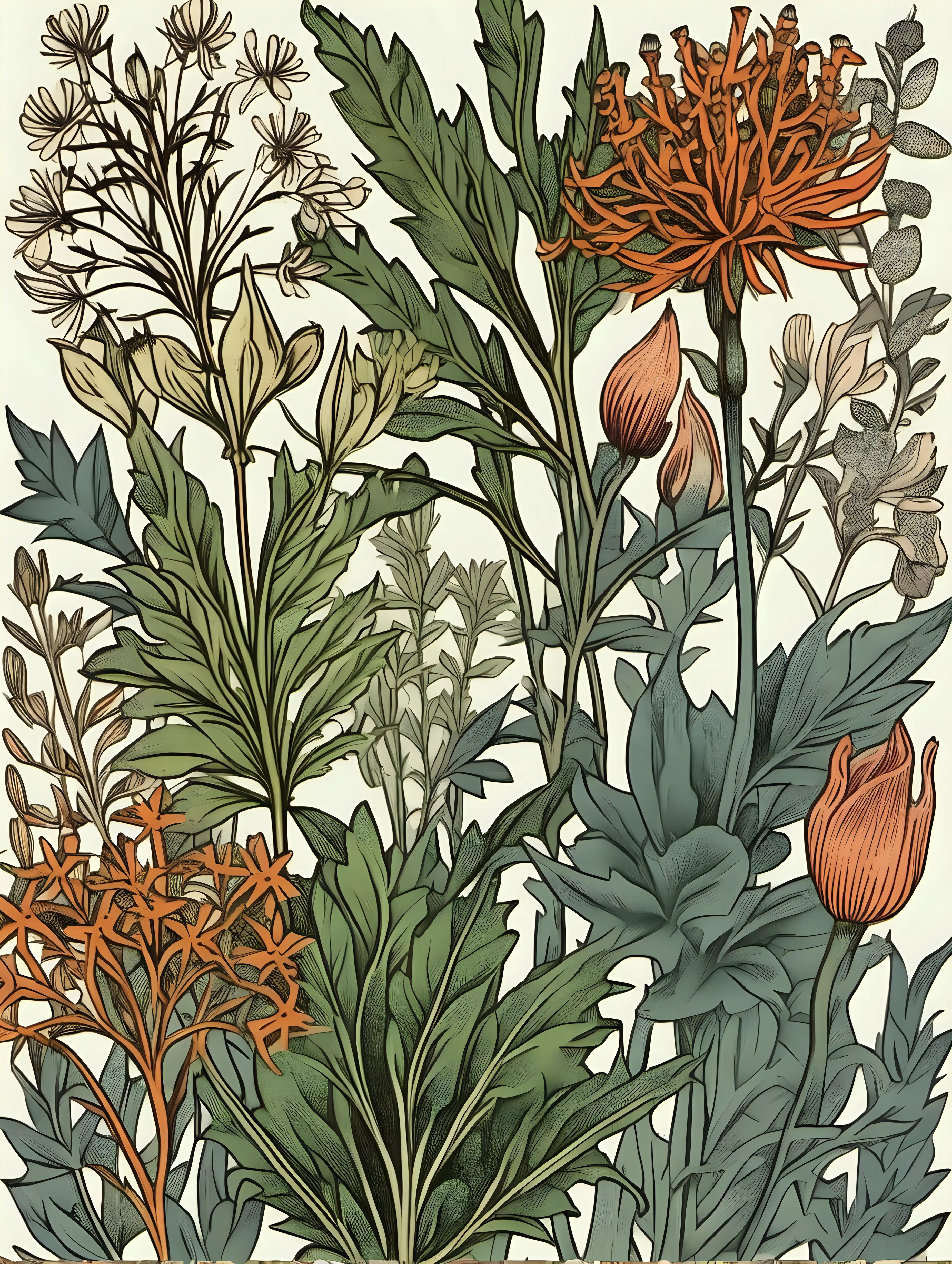 botanical illustration in vintage style, herbs, plants postcard in william morris style
