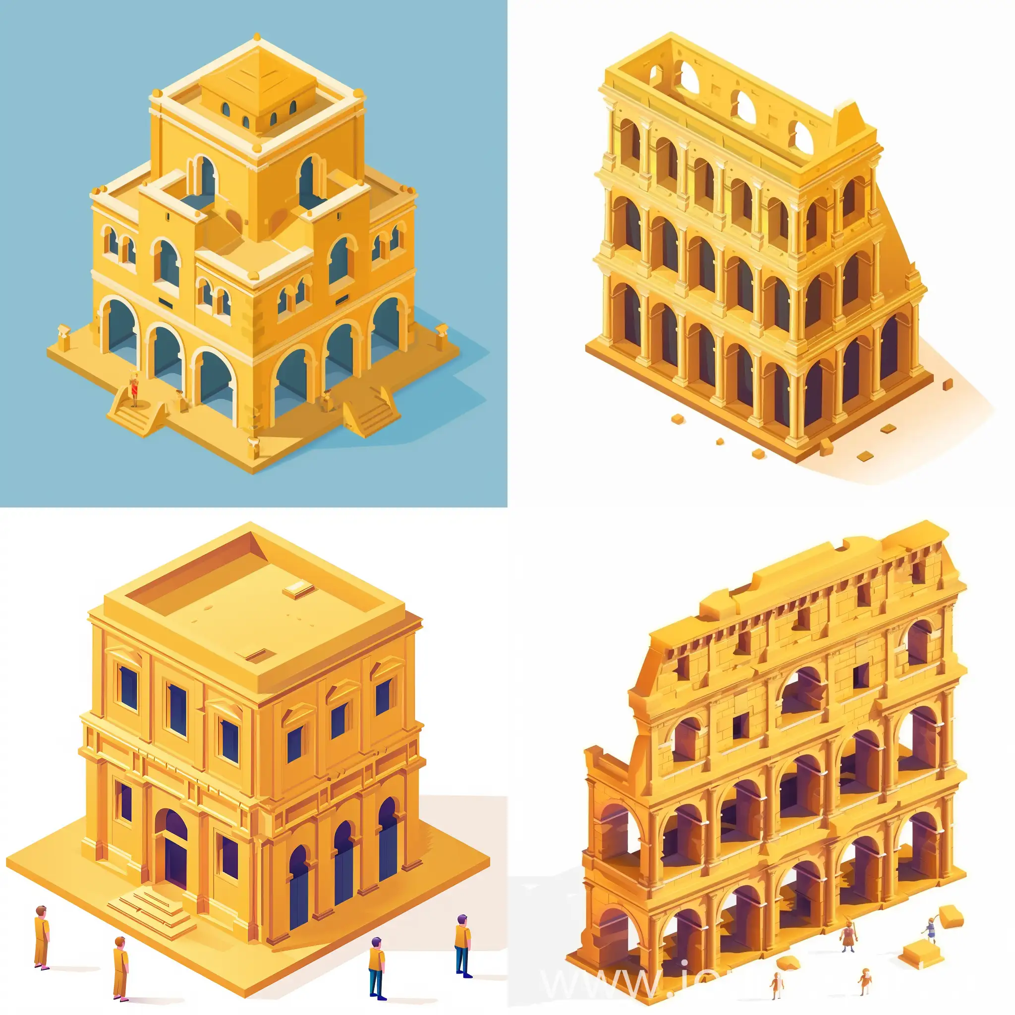 isometric illustration of a yellow roman building icon , cartoonish figures, 