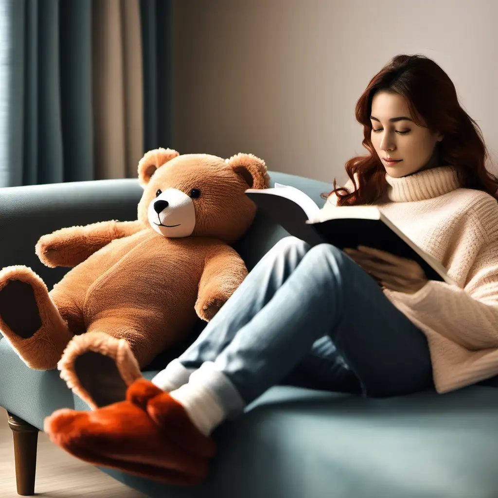 Crear una imagen de una mujer, descansando sobre un sofa, acostada a lo largo, leyendo un libro, se le ve muy placida y tranquila, ten en cuenta que esta mujer tiene unas babuchas en forma de oso muy calienticas y se le ven muy lindas.
