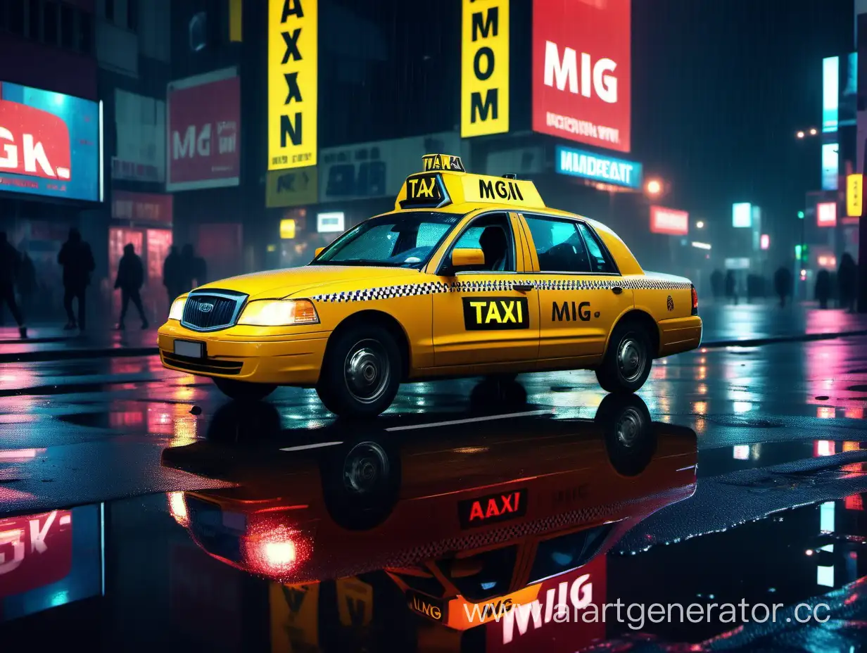 Машина современного такси компании "МИГ" на ночной дороге, в городе с неоновыми рекламами, после дождя, отражение реклам на асфальте,4k