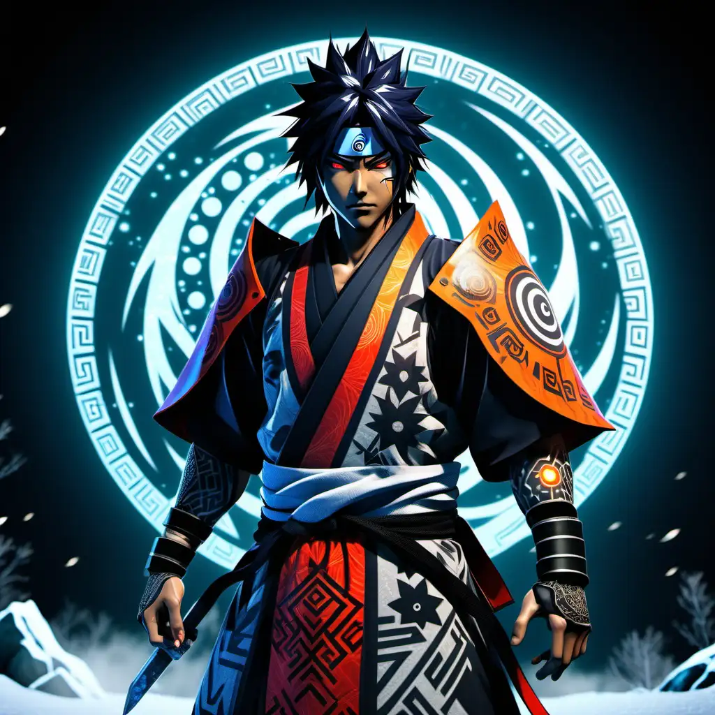 high definition simulation of a video game world boss character creation screen with cyberpunk Samurai ninja,Sasuke With anime style hair and yingyang eyeballs With glowing lightning fists wearing a beautiful frozen kimono with red black and orange sacred geometry and armored shoulder guardsleopard with anime hair With glowing lightning fists wearing a beautiful frozen kimono with green black and orange blues snow sacred geometry and armored shoulder guards