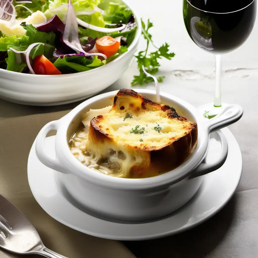 Soupe à l'oignon gratinée dans un bol blanc, salade du jour, pain, coupe de vin blanc