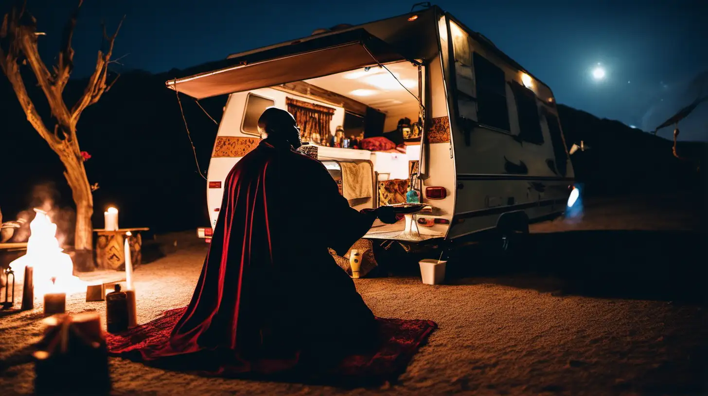 the back of a voodoo priest doing a ritual at night inside his RV camper