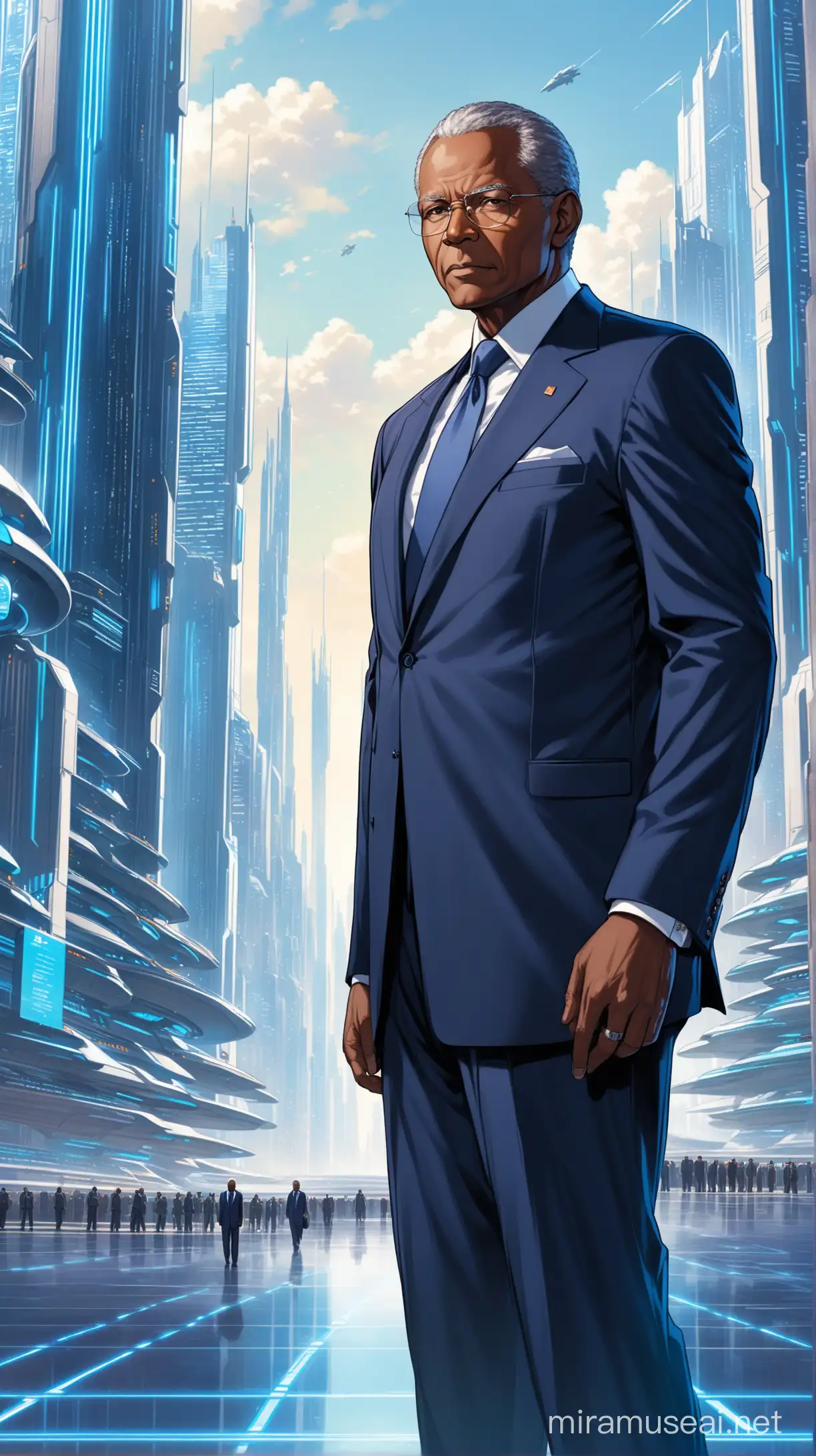 Distinguished African American President in Navy Blue Suit in Futuristic Cityscape