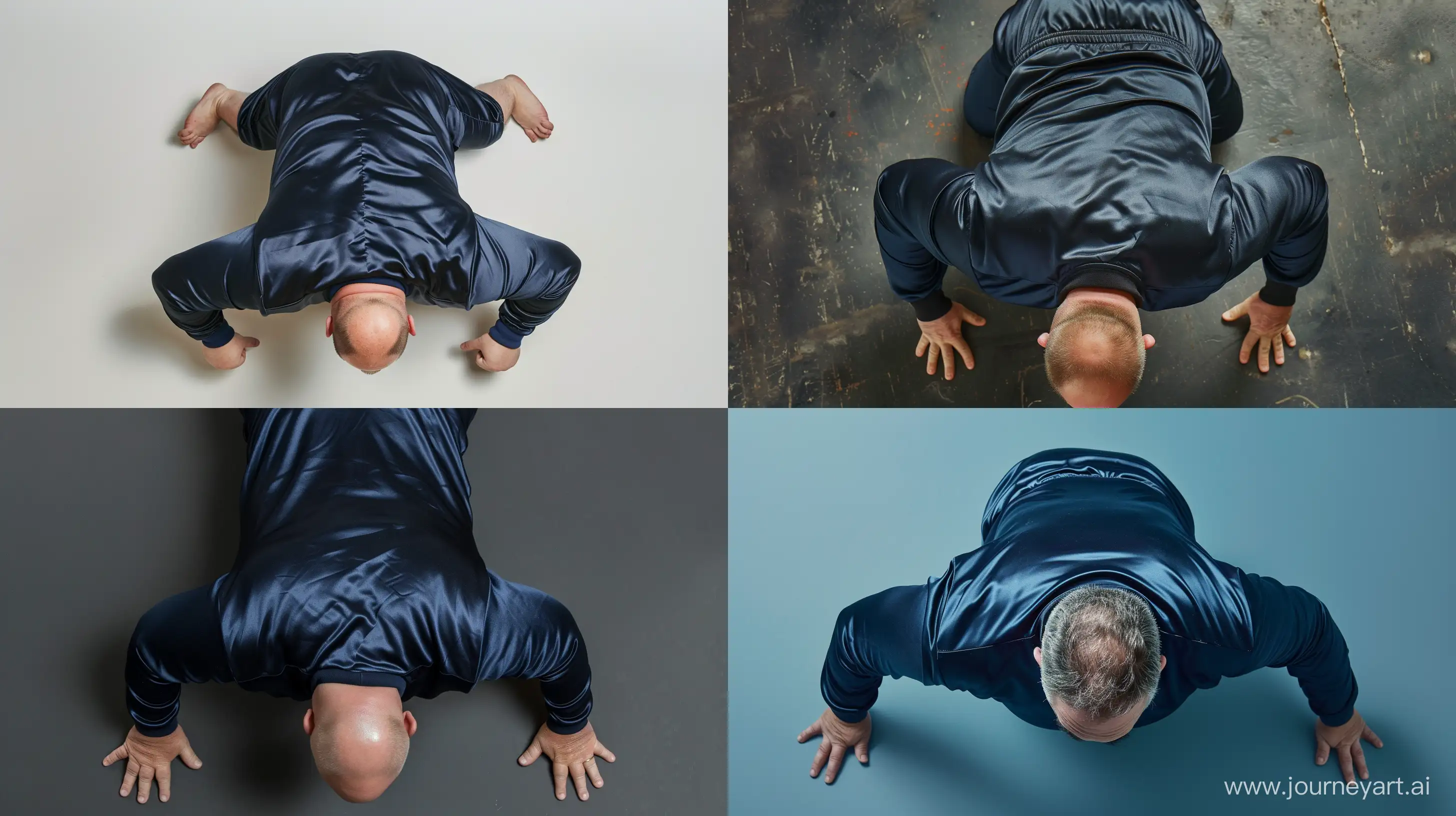 Aerial back view photo of fat man aged 60 wearing silk navy tracksuit. Doing push-ups. --style raw --ar 16:9 --v 6 --ar 1:1 --no 45553