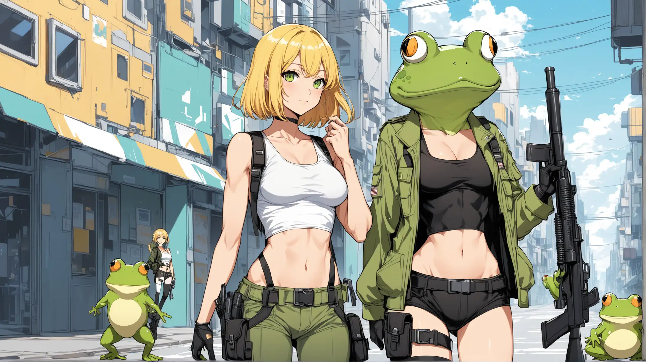 sexy fit 24 year old hero girl, short chin length yellow hair, posing in futuristic town, super skinny toned body, short white tank top, sexy midriff, wearing suspenders, guns in holsters on each thigh, combat boots, yellow black white 3 color minimal design, her sidekick a humanoid frog in a green jacket holding a bazooka stands next to her, grenades hanging on his jacket