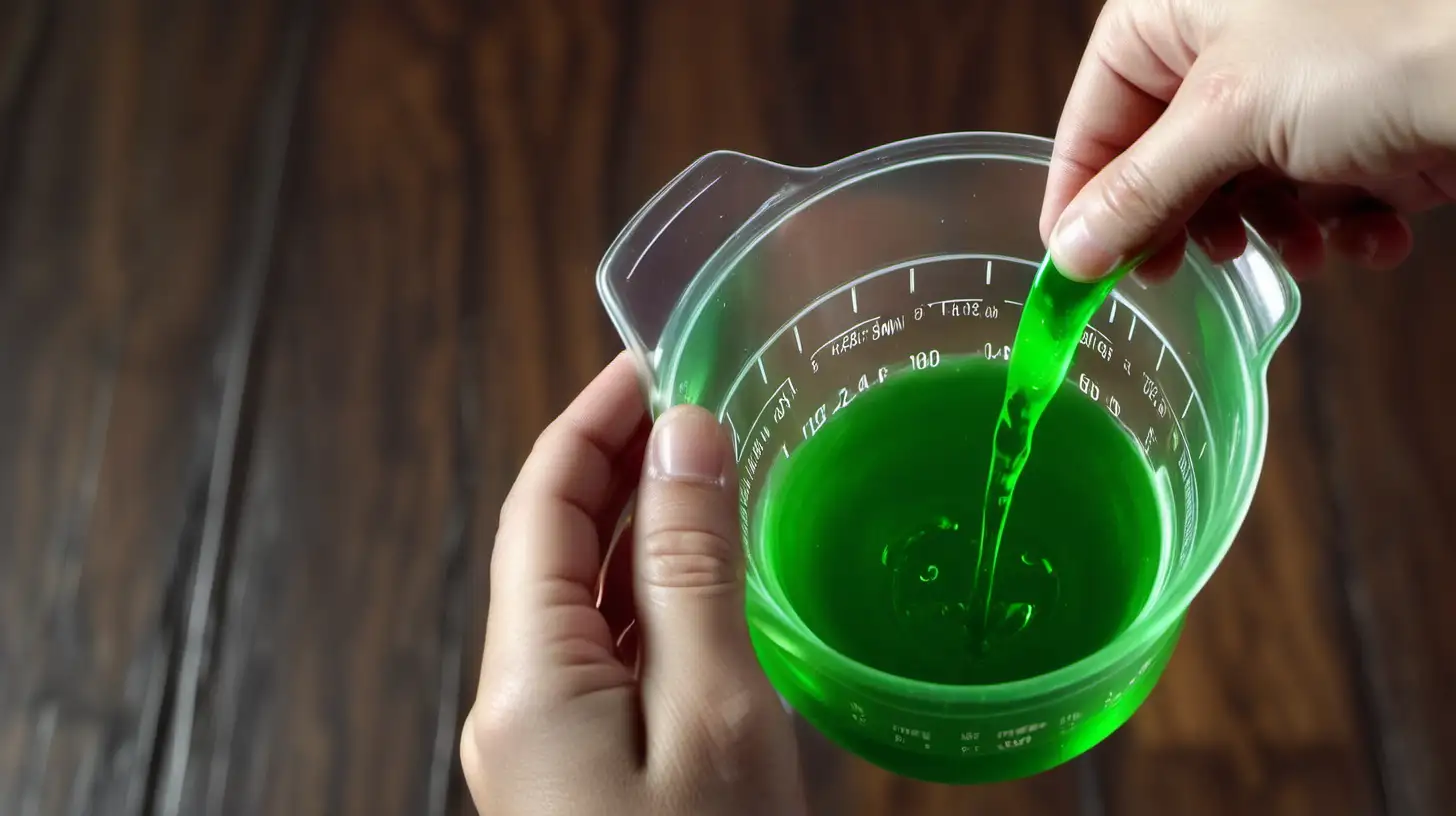 hand holding measuring cup with green shiny liquid. Close up. On wood floor. make the image lighter