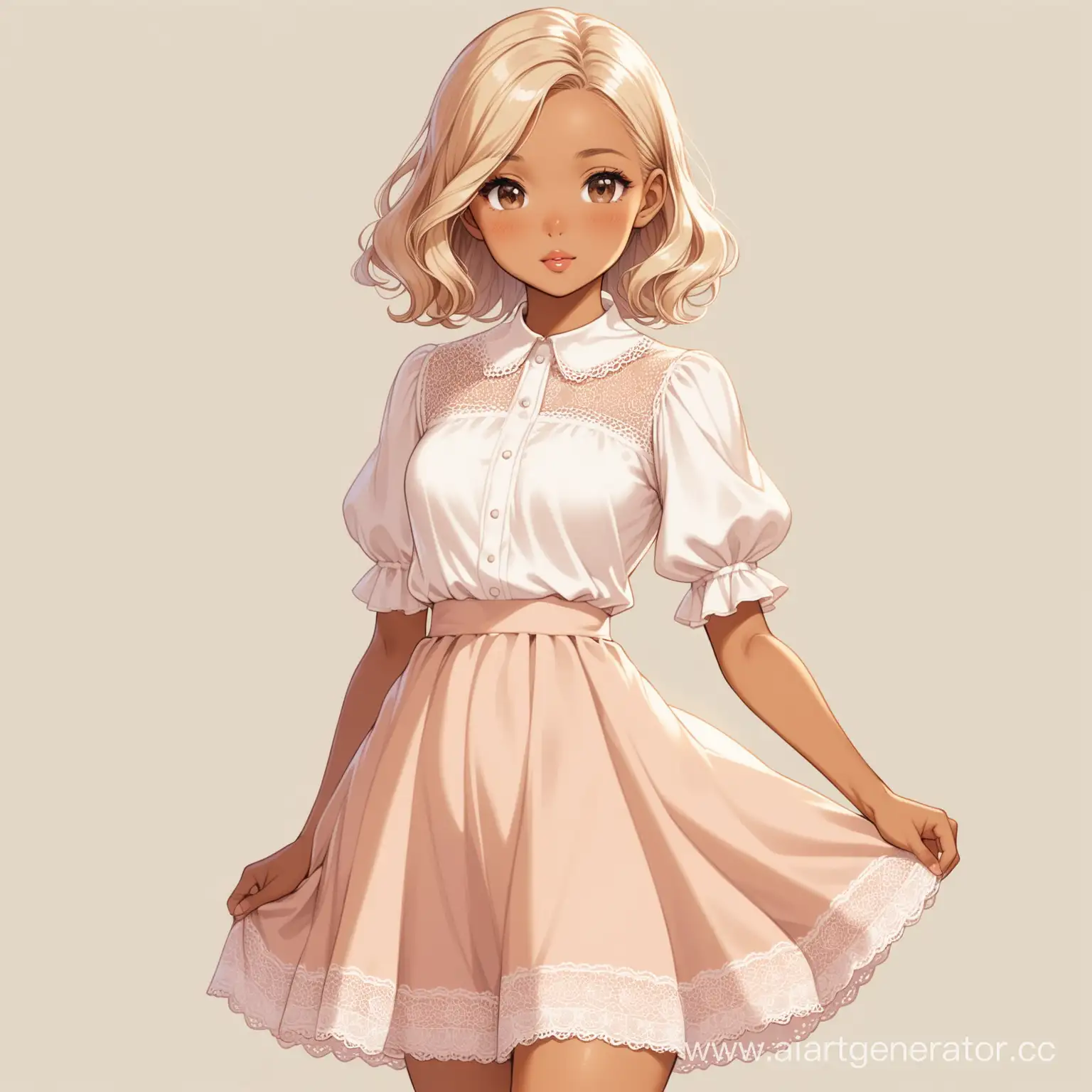 A short, thin girl, Light blonde wavy shoulder length hair, Tanned skin color, Light brown eyes, Soft pink lips, Miniature nose, Small, firm breasts, Wide hips, Cream vintage blouse with puff sleeves, White blouse's collar with lace edges, Light brown flared skirt just below the knee.