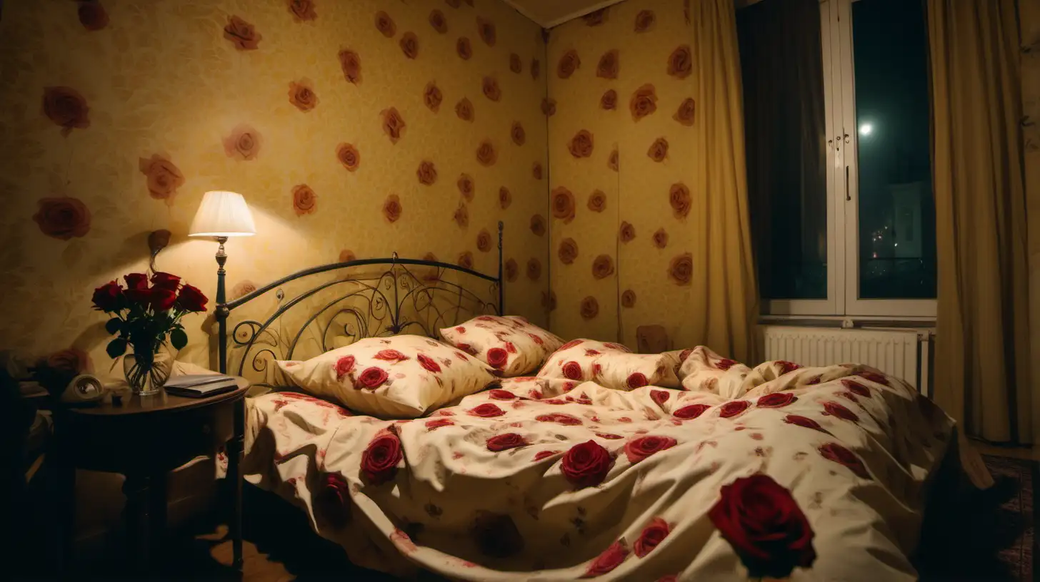 Wide angle photo. Dark interior. Room at night. Dull yellow walls. A bed with chaotic rose-patterned sheets. 