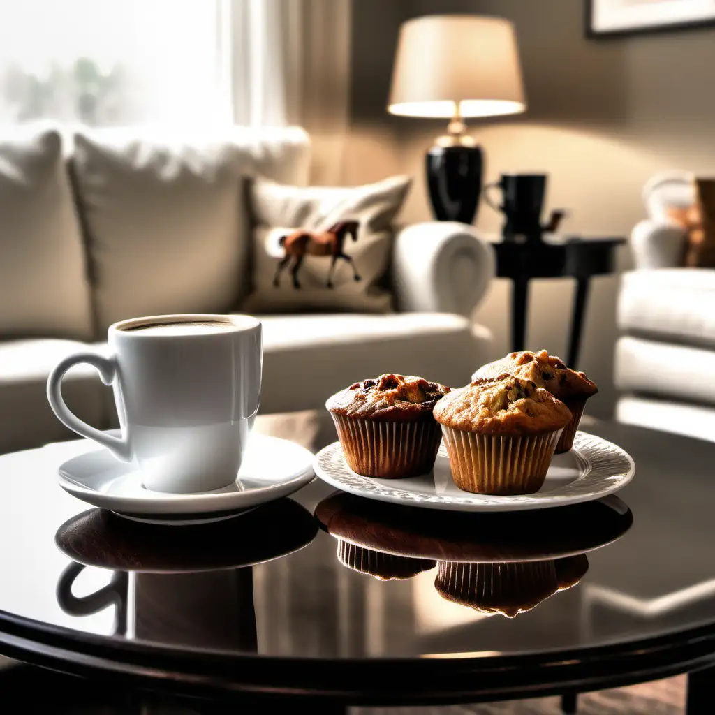 Good morning.  A cup of coffee sitting on the end table with a muffin. There is a good sitting next to the cup of coffee.  There is a white couch to the left of the end table with a picture of horses running above the couch. 