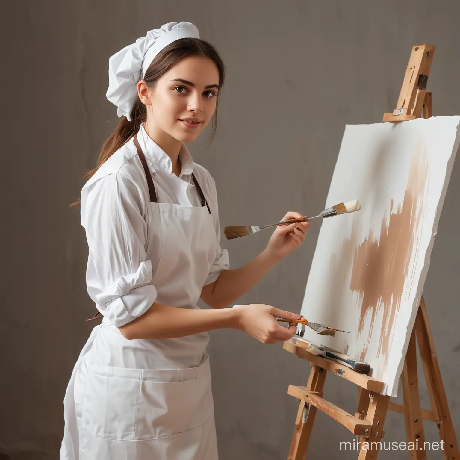 young artis with white apron, painting, looking the canvas