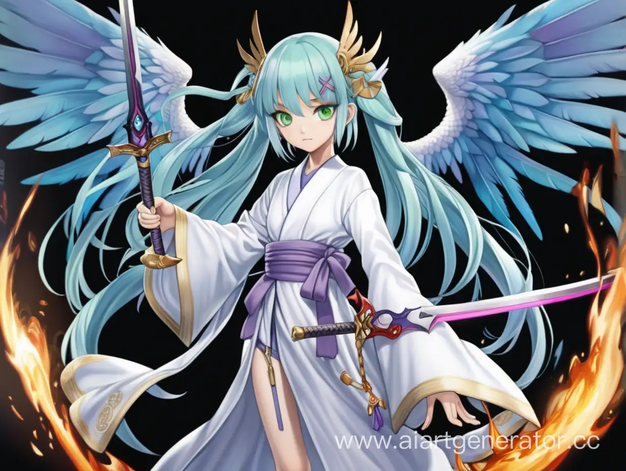 Fiery-Swords-Anime-Girl-Cherubim-in-White-Robe-with-Green-Eyes-and-Lilac-Hair