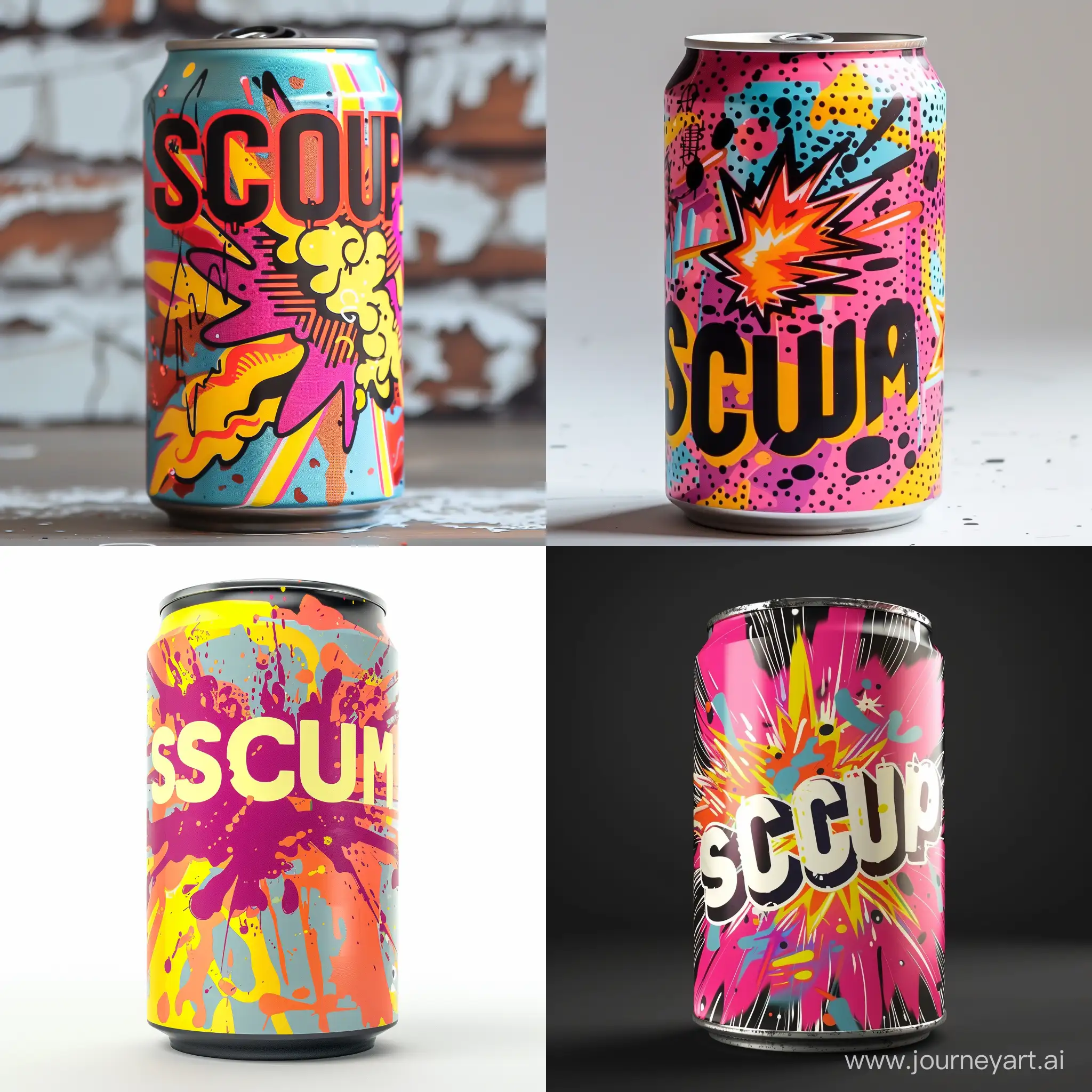 "SCUM" - бодрящий напиток, безалкогольный газированный напиток, яркая красочная банка, с взрывной надписью "SCUM"