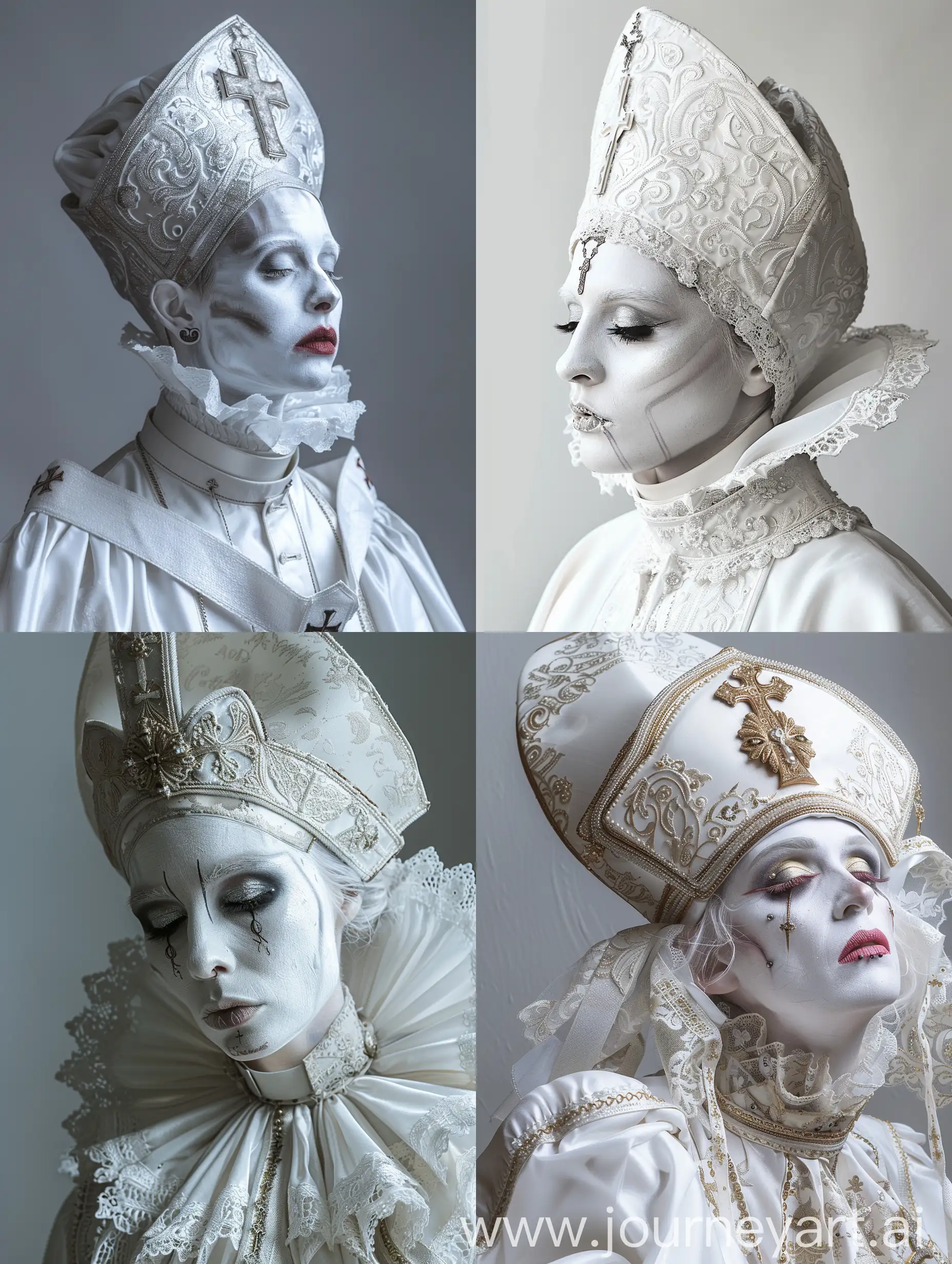 A catholicpunk female pope with white porcelain makeup, white skin, catholic freakshow, porcelain, white, meticulous detail, dark aesthetics, horror core, dark aesthetics  