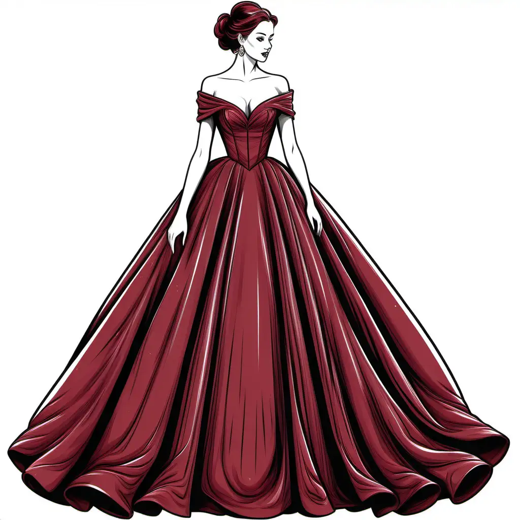 beautiful ball gown in maroon for a book cover, thick black lines, 2 inch margins, no background