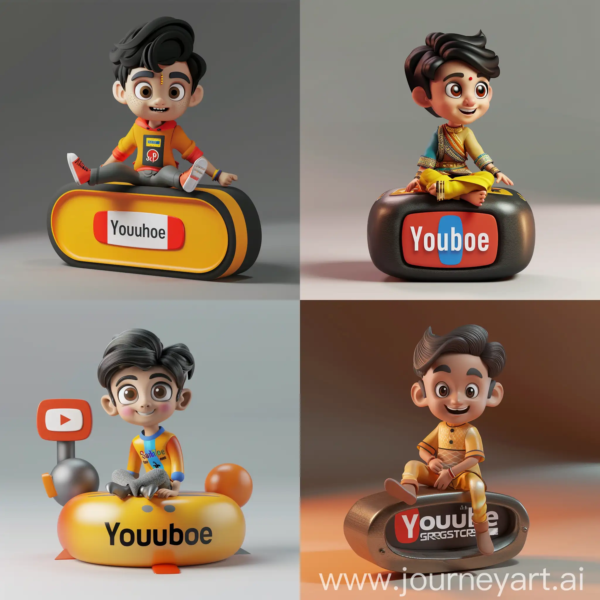 Prompt: "Create a 3D illustration of an animated character of a handsom boy sitting casually on top of a social media logo "YouTube". The character must wear modern Indian clothes. The background of the character is mockup of his YouTube profile page with a profile name "Smart Graphics" and a profile picture same as character."