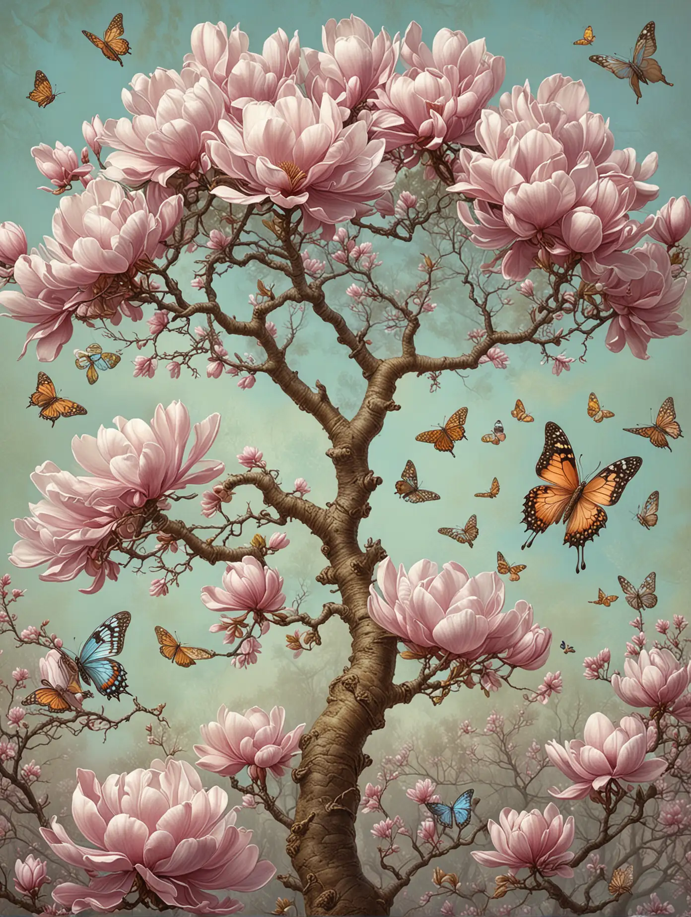 magnolia trees, branches and blossoms, pastel colors, vintage, kerem beyit, by Daniel Merriam, esao andrews, ornate, by Kerembeyit, inspired by Daniel Merriam, by Jan Kip, daniel merriam, butterflies, day fly, bees, highly detailed digital artwork, antique, vintage, dusty, and rugged illustration