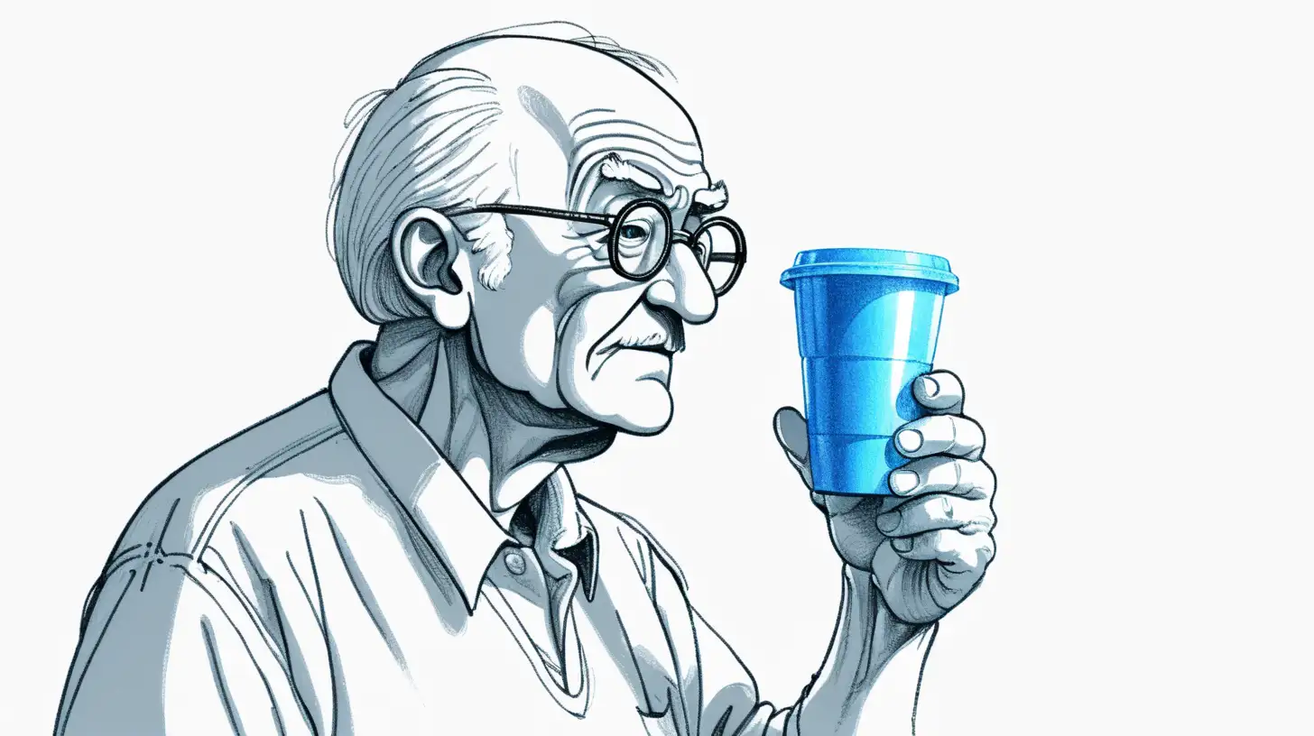 Drawing illustration of grandpa holding a blue plastic cup facing on the side.