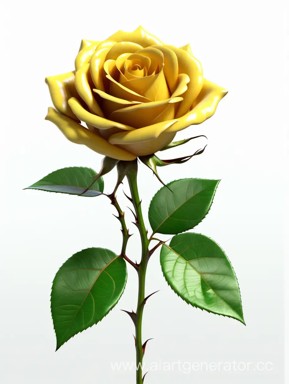 Dark-Yellow-Rose-with-Fresh-Green-Leaves-on-White-Background-8K-HD-Realistic-Image