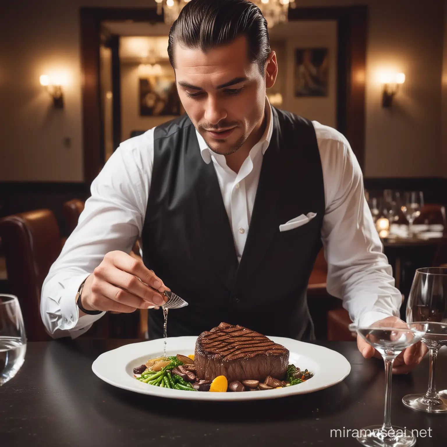 A well dressed man with slicked back hair eating a steak dinner at a fancy restaurant, the man is pouring a whole glass of water onto his steak