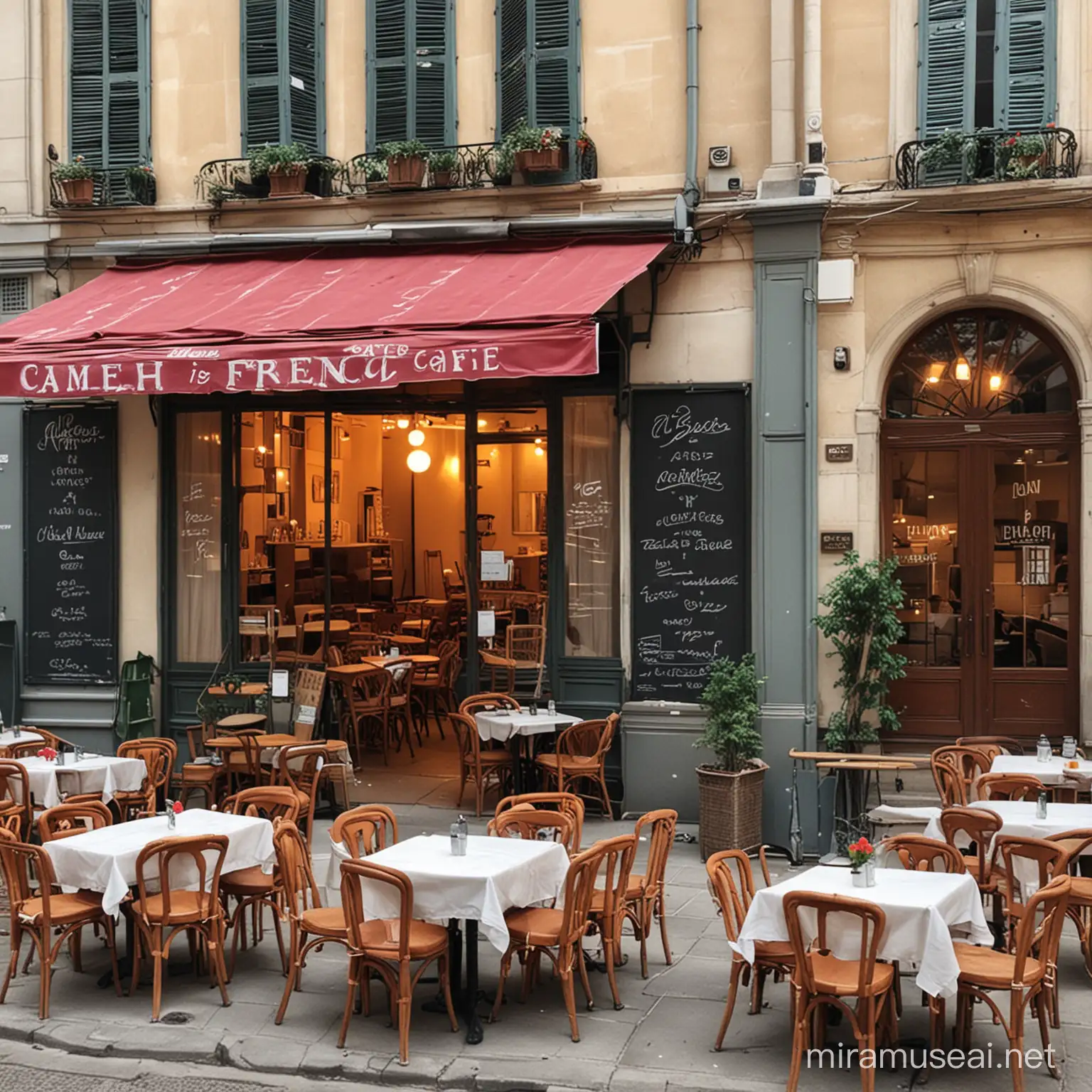 Charming French Cafe Scene with Outdoor Dining and Cobblestone Streets
