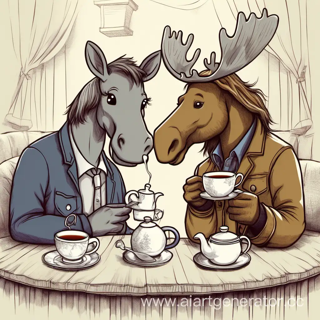 A pony and a moose are drinking tea together