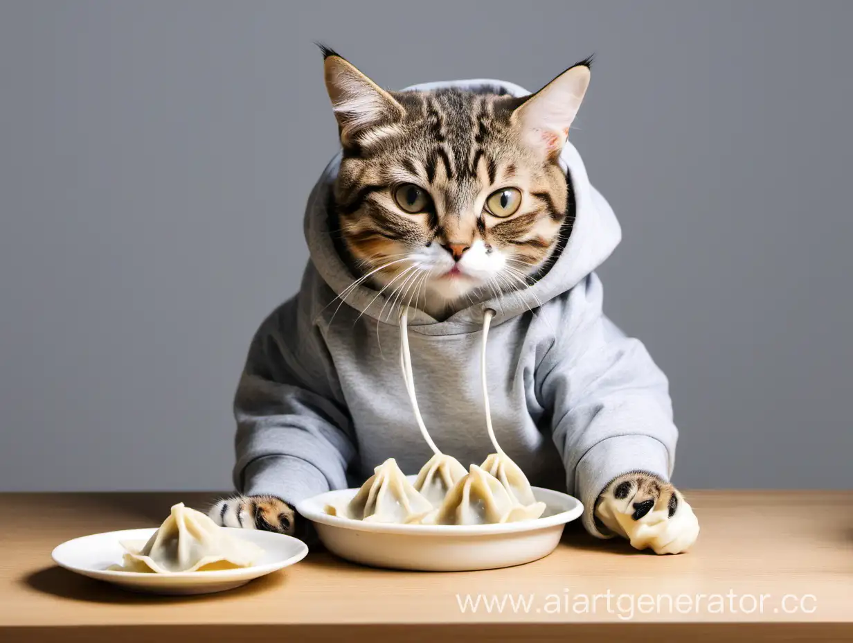 Adorable-Cat-in-Stylish-Sweatshirt-Enjoying-Dumplings