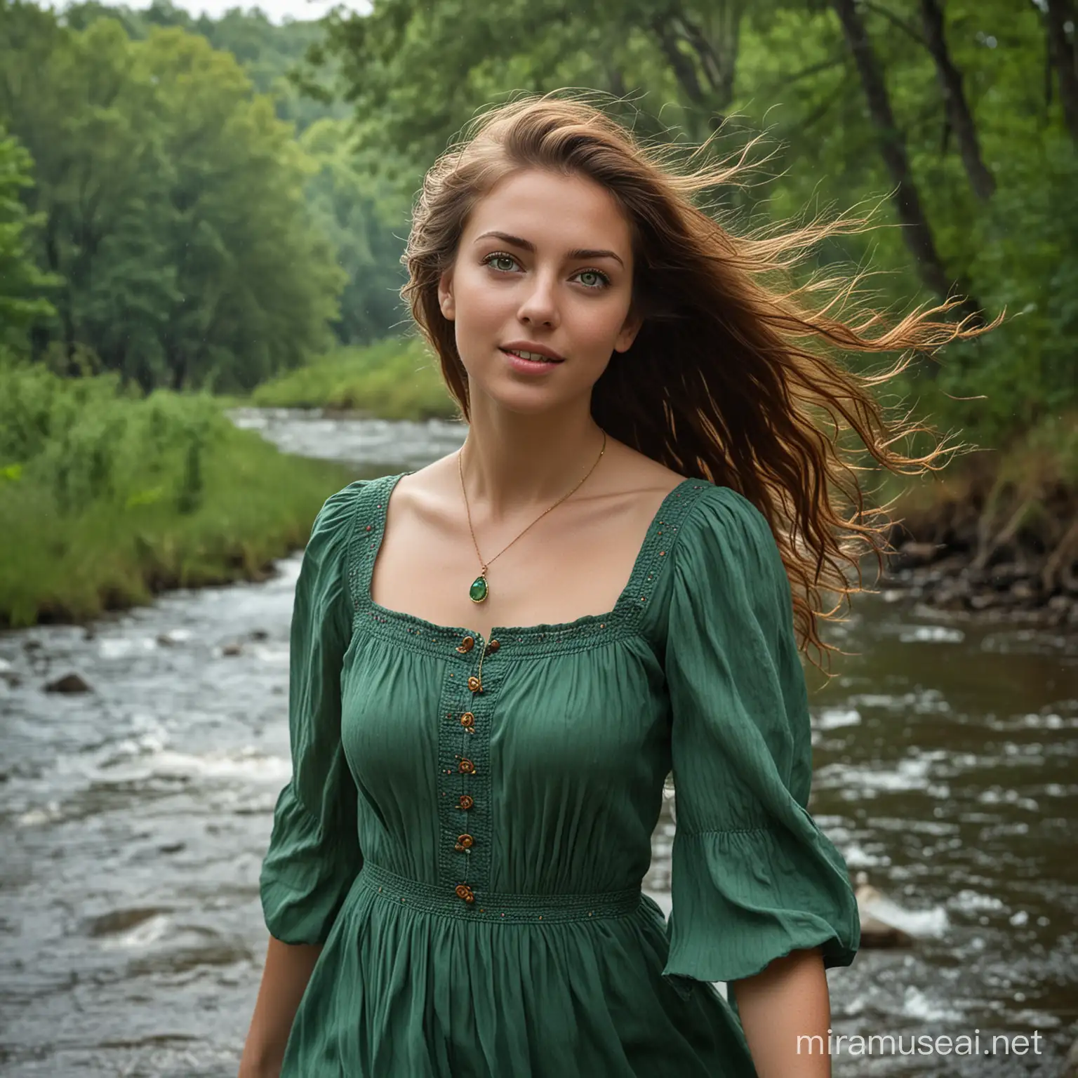 a beautiful young woman, 20 years old, brown hair the has tinges of red when it hits the light, blowing in the wind. part of her hair is pulled back. Green eyes. She's in a green peasant style dress. She wears a simple, clear, blue stone necklace. forest background with a river with particle of light hanging in the air. Stormy sky.