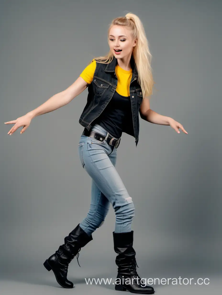 Девушка-блондинка в желтой футболке, черной джинсовой жилетке, джинсах и кожаных сапогах до колена танцует