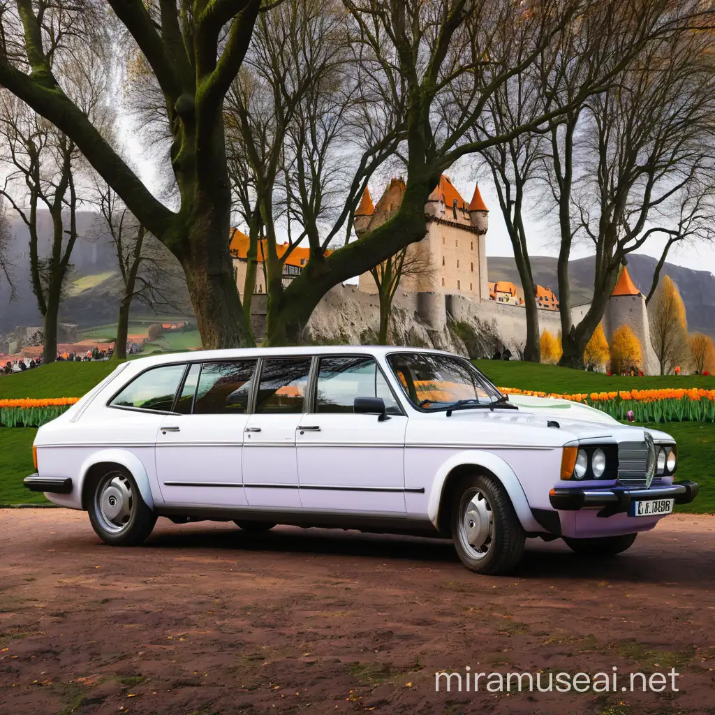 Purple Long Car Parked on Green Lawn Under Cliff with European Castle Rooftops Emitting Fireworks