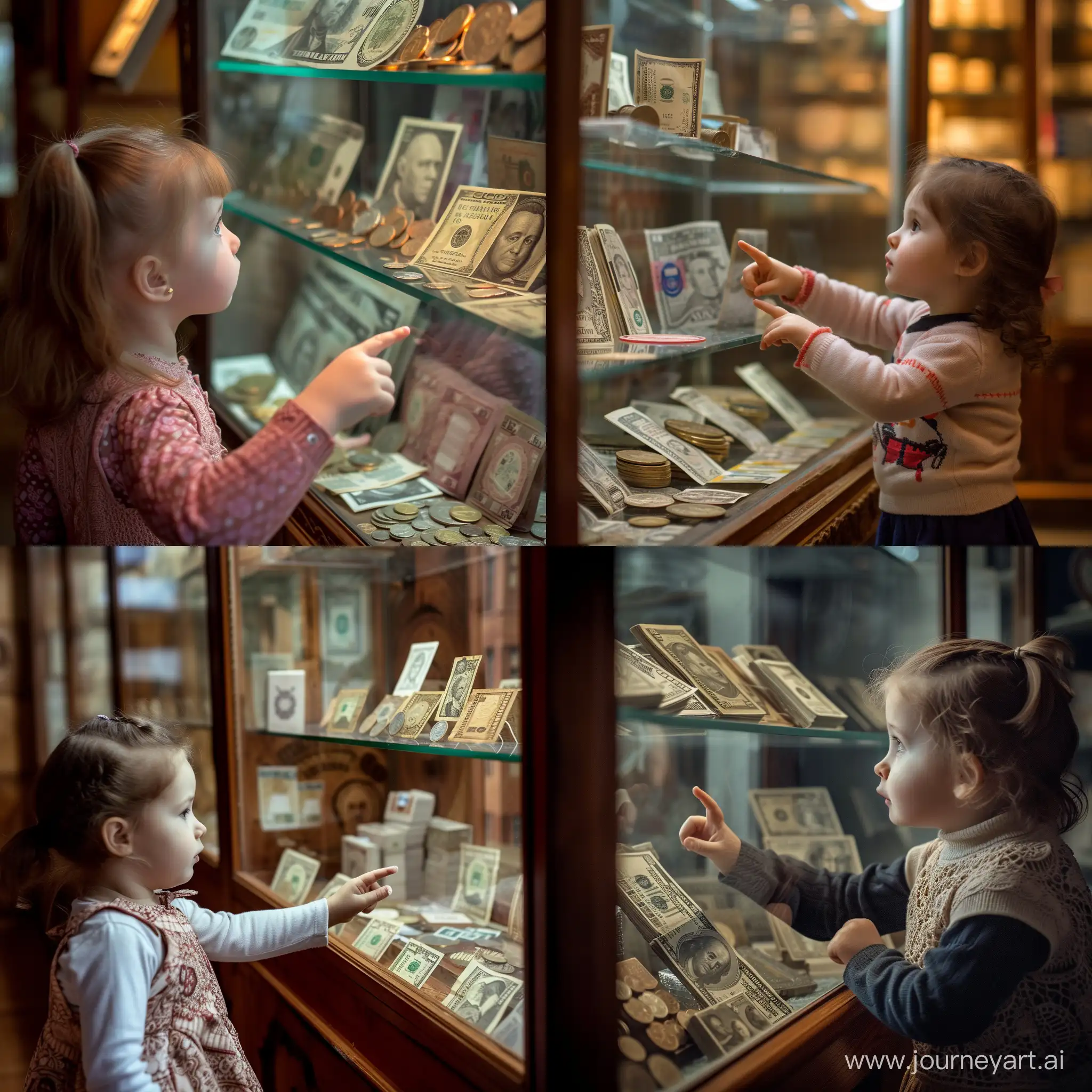 Маленькая девочка смотрит на экспонаты музея и показывает пальчиком на них, под стеклом музейного стенда лежат купюры и монеты разных стран и времён, фотография, гиперреализм, высокое разрешение