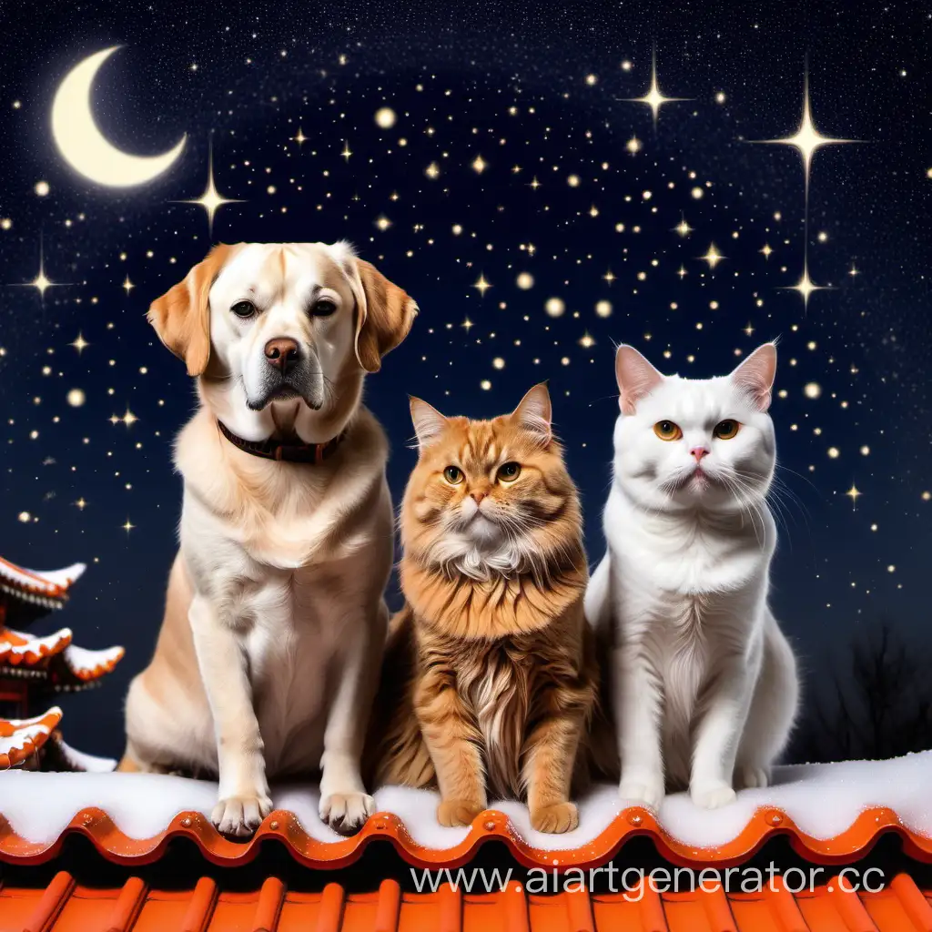 кошка собака крыша звёзды мандарин зима