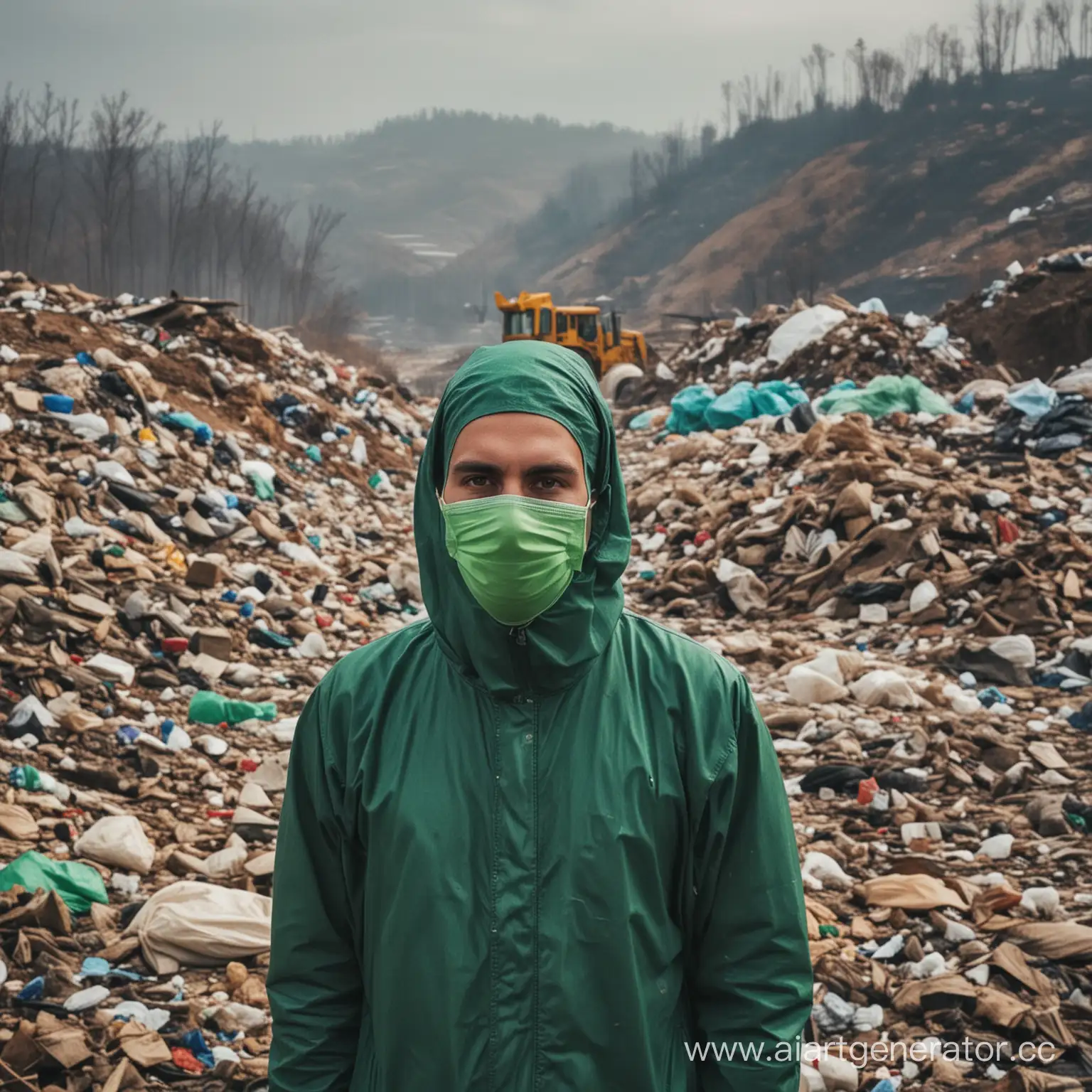человек в зеленой маске  , полностью закрывающей его голову . стоит на фоне мусорных полигонов.