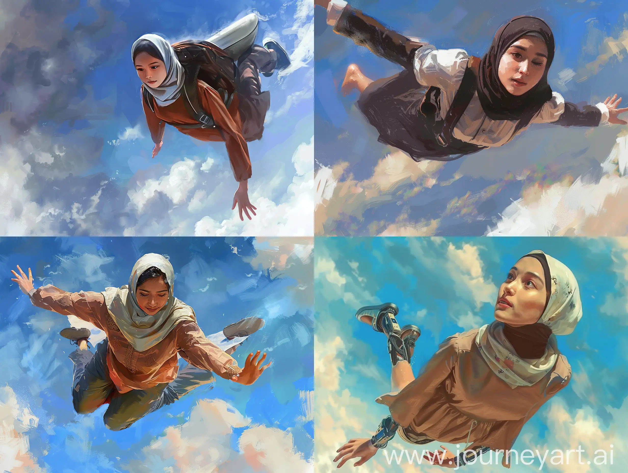 artgerm digital painting, Indonesian college  cute female lady in hijab surving in the sky using flying male neck body.