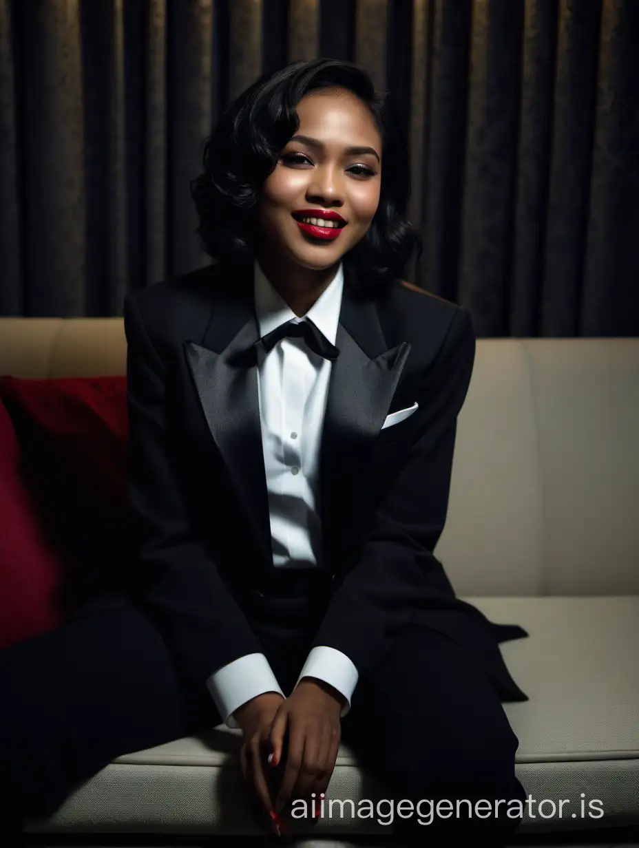 An Indonesian woman with dark skin, shoulder length hair, and lipstick is sitting on a couch in a dimly lit room.  She is facing forward, looking at the viewer.  She is clasping her hands.  She is wearing a tuxedo.  Her jacket is white.  Her jacket is opened.  Her shirt is white and has a wing collar and has cufflinks.  Her pants are black.  She is laughing.