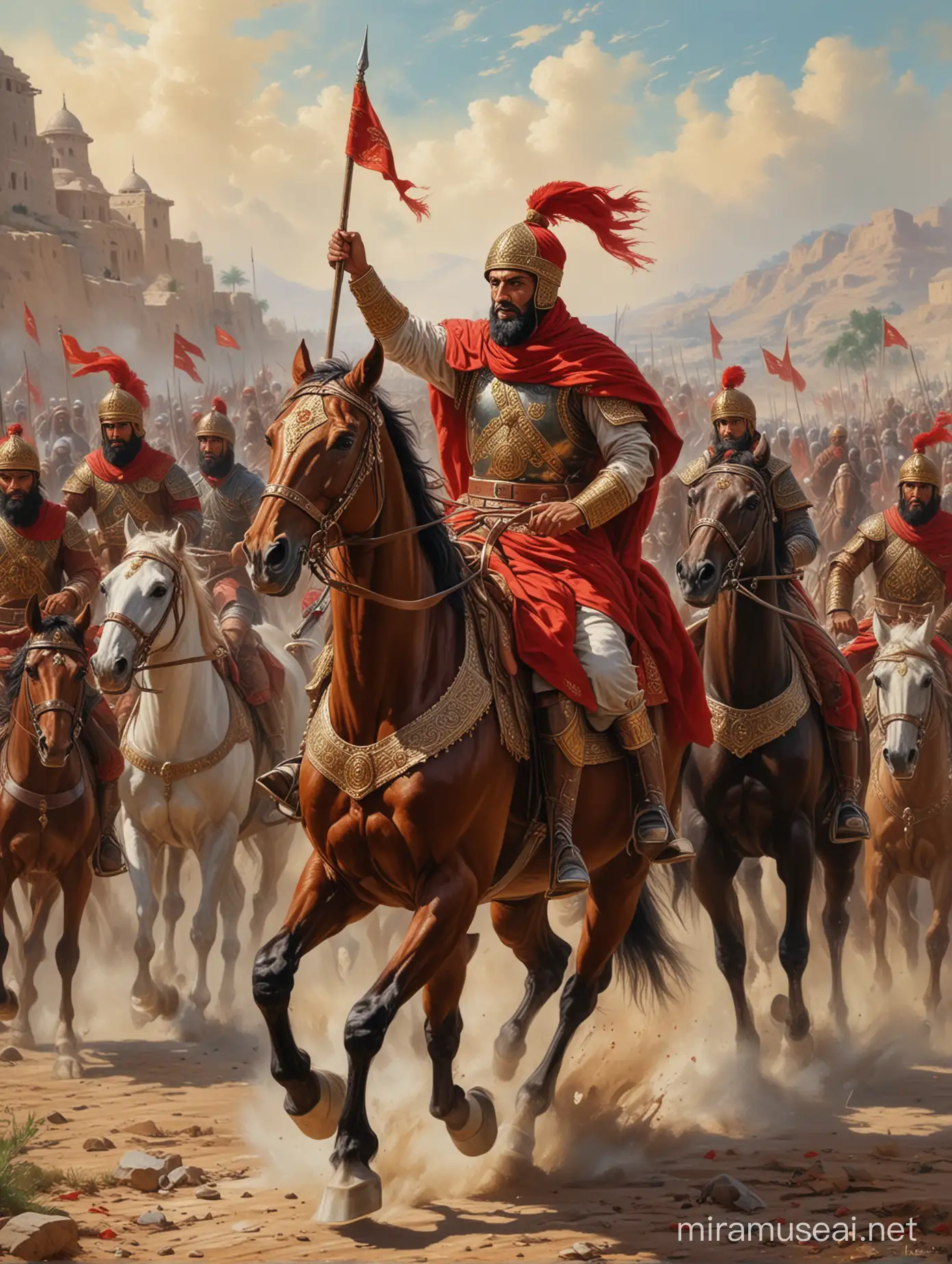 Muslim commanders, wearing red helmets and armor, are riding horses into battle, oil painting, impasto style