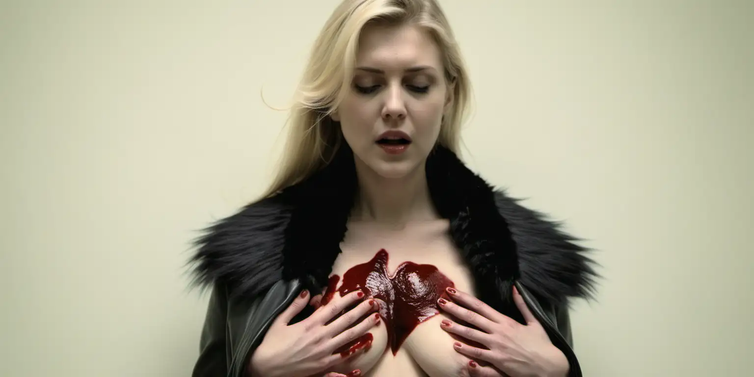 blonde woman in leather coat and black fur collar shot at naked breast heart bleeding wound

