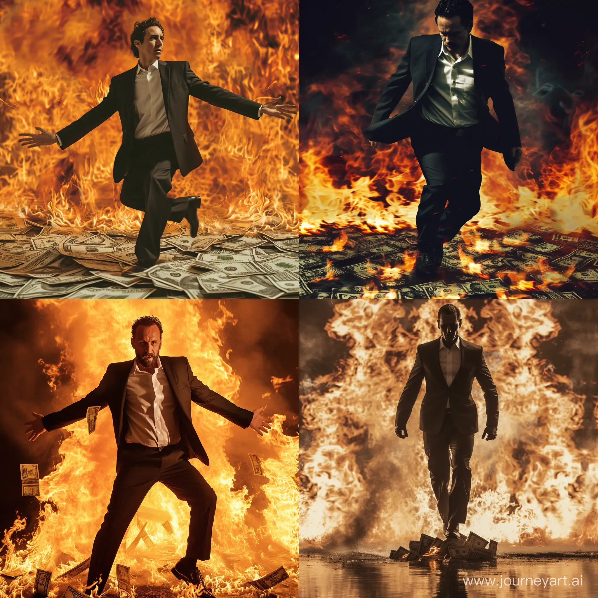 andrew tate in his best suit. standing on burning money. being attacked by the matrix