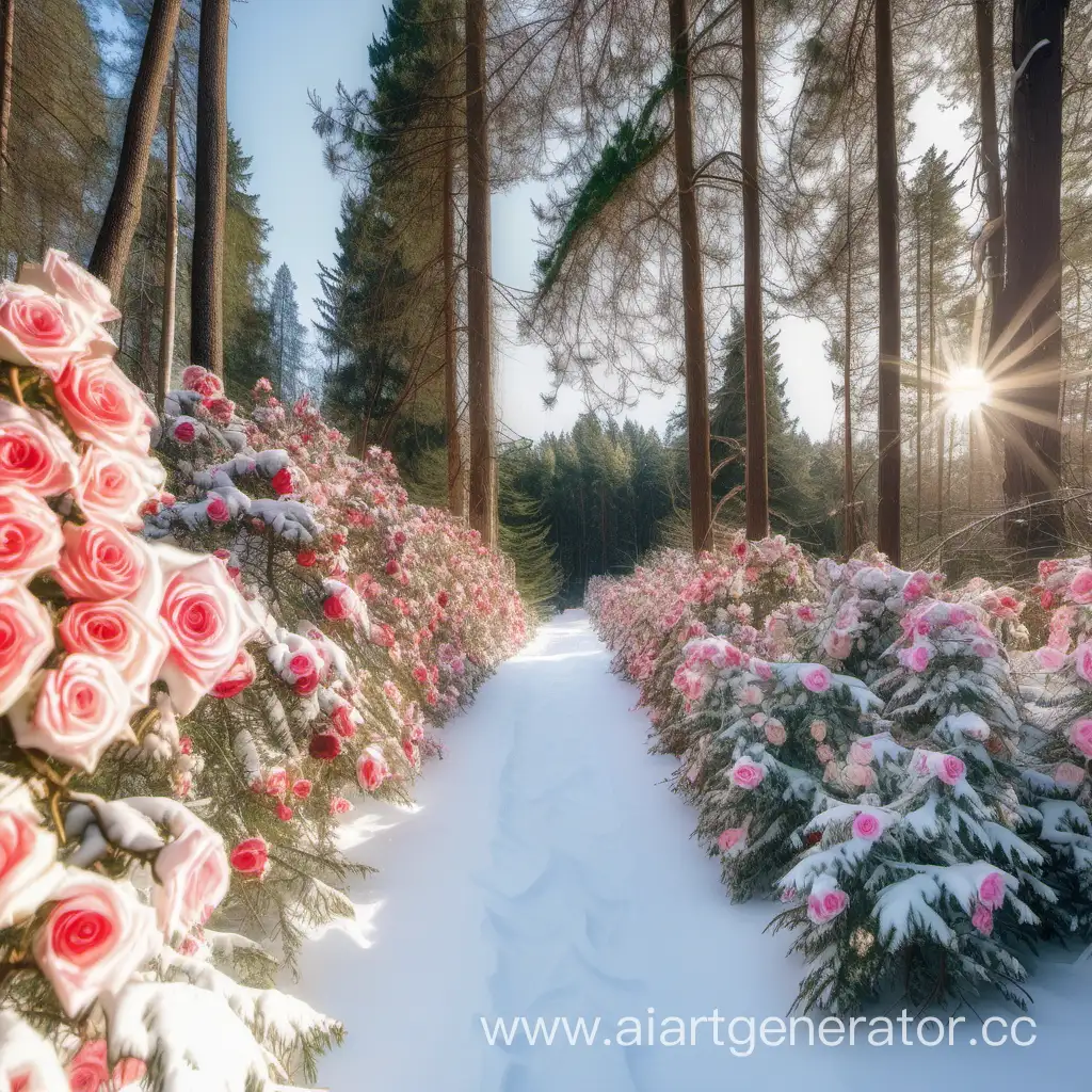 Colorful-Roses-Blooming-in-a-Winter-Coniferous-Forest